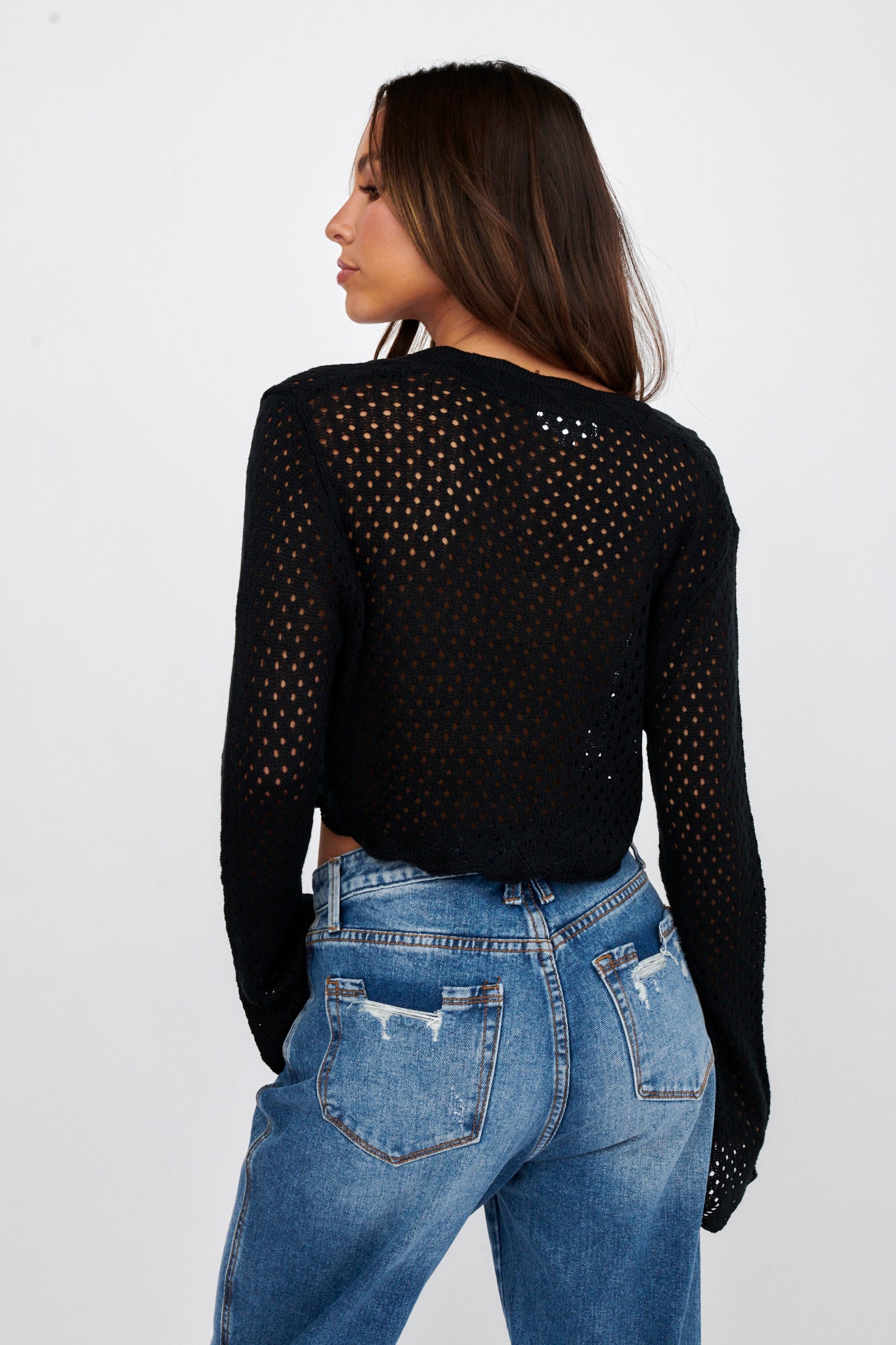 Moon Phase Long Sleeve Crochet Top Black by Selfie Leslie Australia
