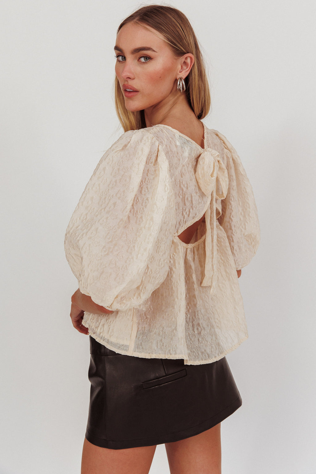 Beside You Puff Sleeves Tied Back Top Cream by Selfie Leslie Australia