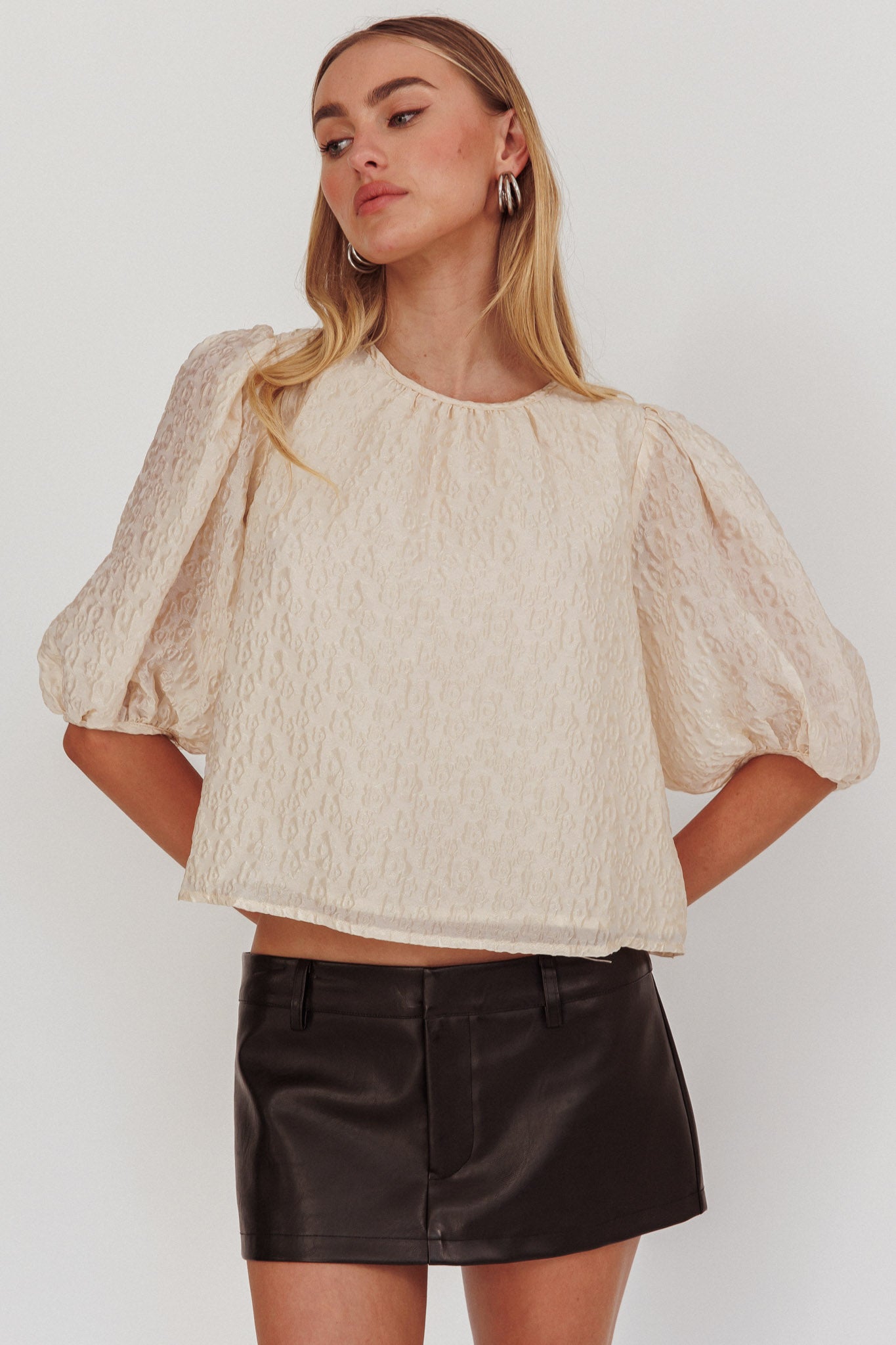 Beside You Puff Sleeves Tied Back Top Cream by Selfie Leslie Australia