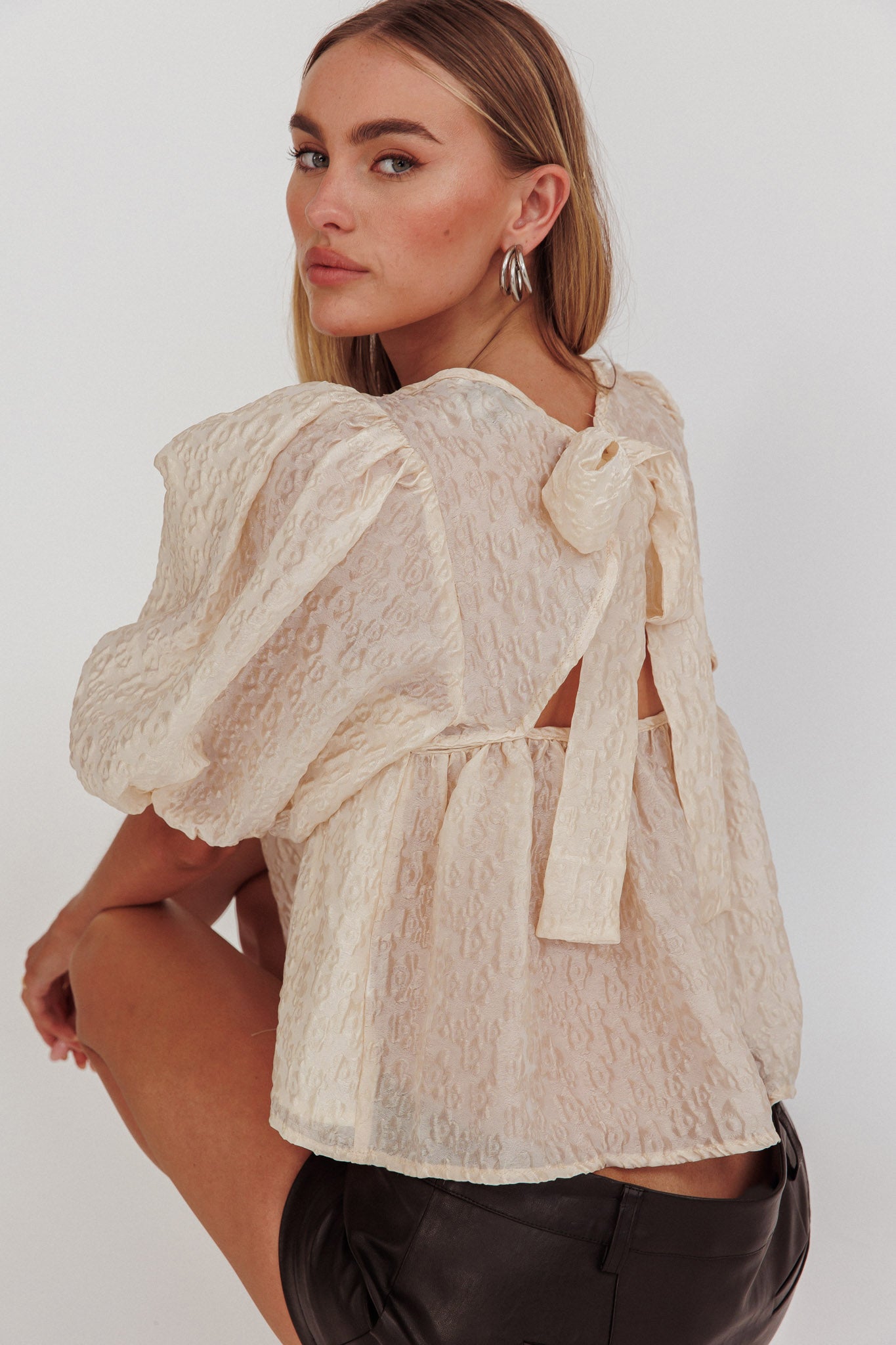 Beside You Puff Sleeves Tied Back Top Cream by Selfie Leslie Australia