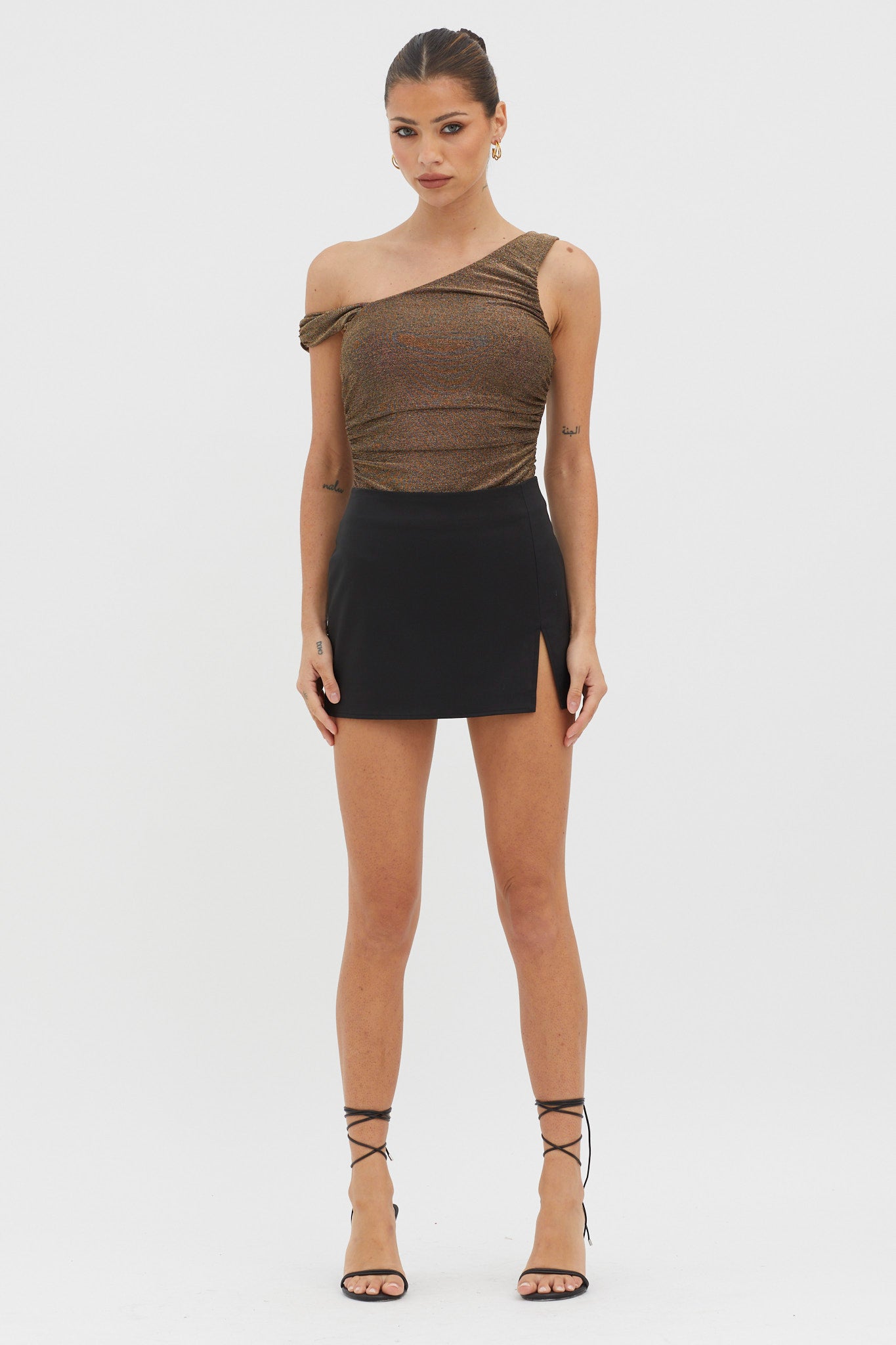 Deirdre Asymmetrical Strap Bodysuit Black/Gold by Selfie Leslie Australia