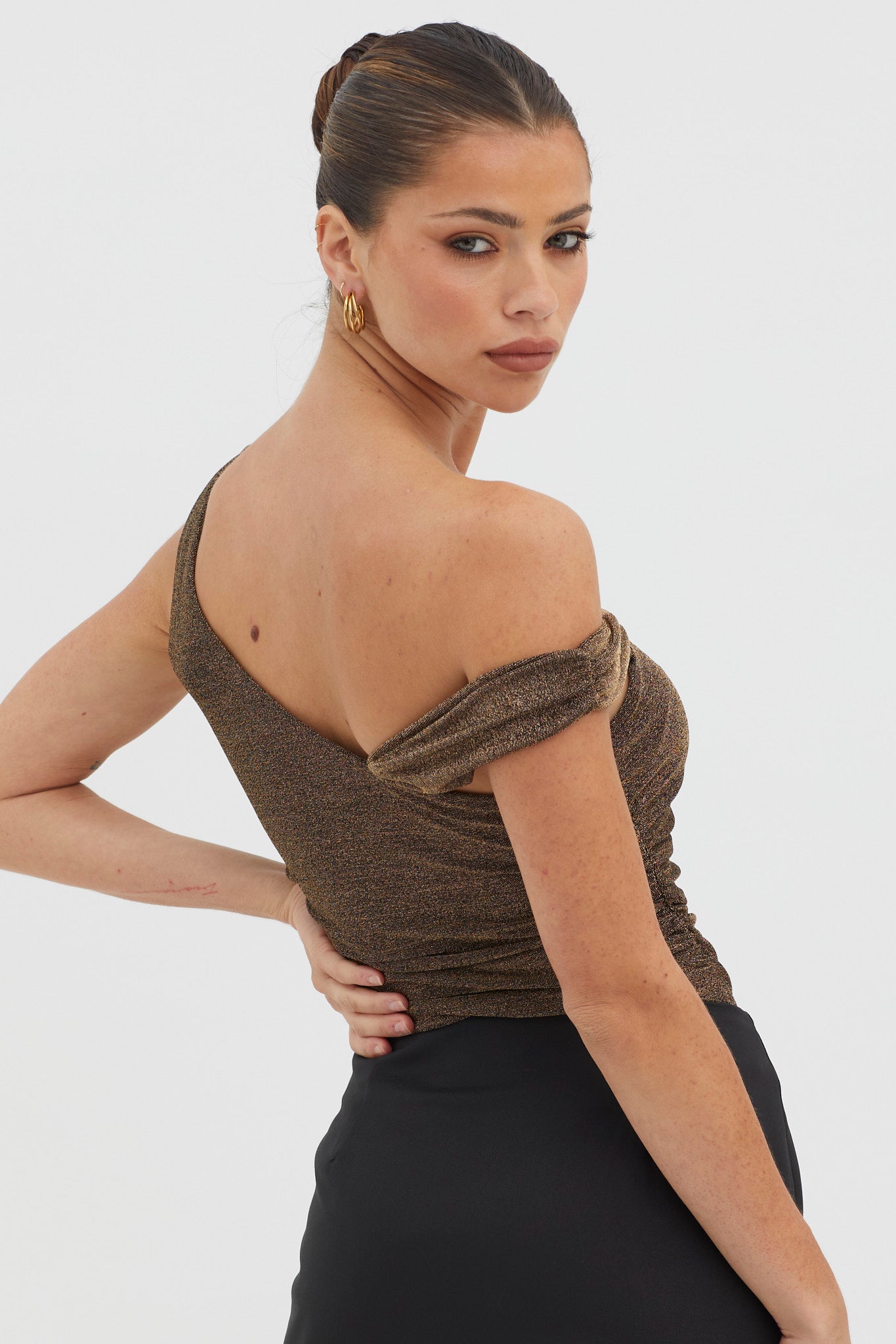 Deirdre Asymmetrical Strap Bodysuit Black/Gold by Selfie Leslie Australia