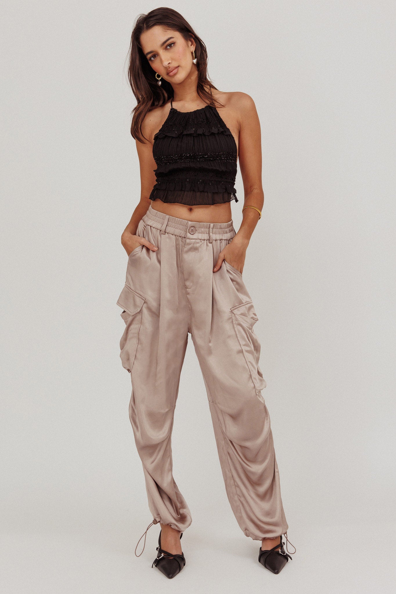 Betty Satin Cargo Pant Mink by Selfie Leslie Australia