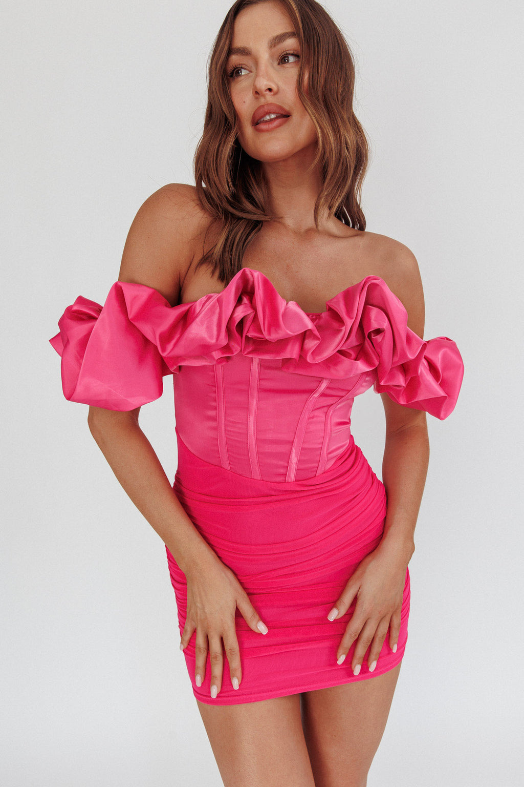Arista Off-Shoulder Ruched Mini Dress Hot Pink by Selfie Leslie Australia