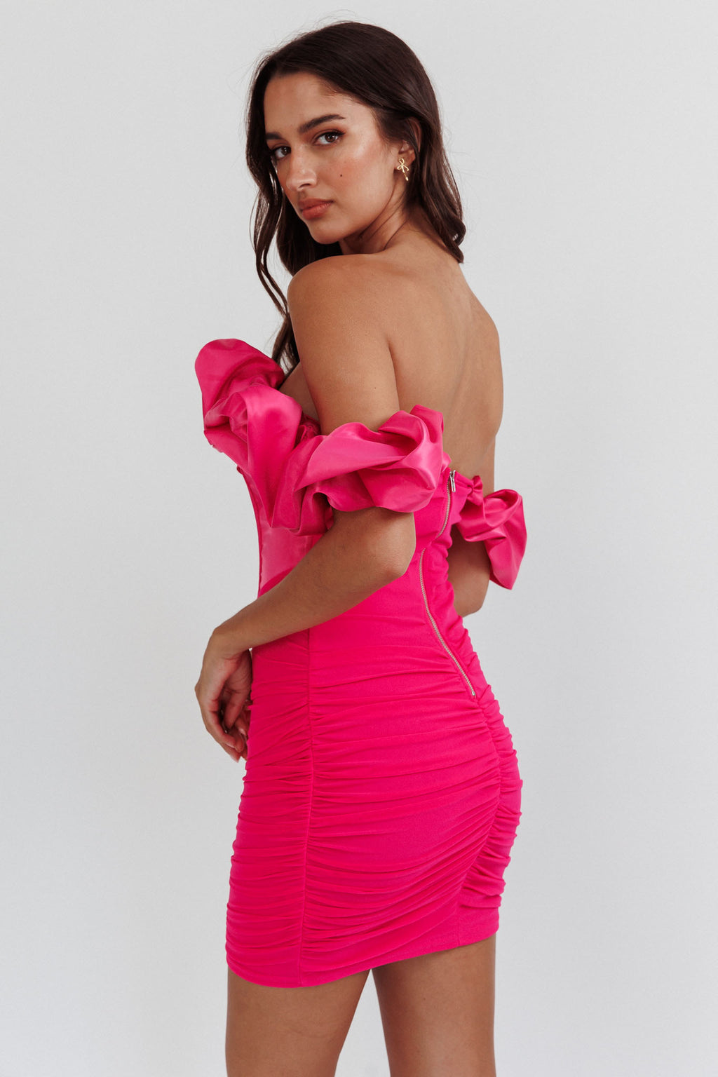 Arista Off-Shoulder Ruched Mini Dress Hot Pink by Selfie Leslie Australia