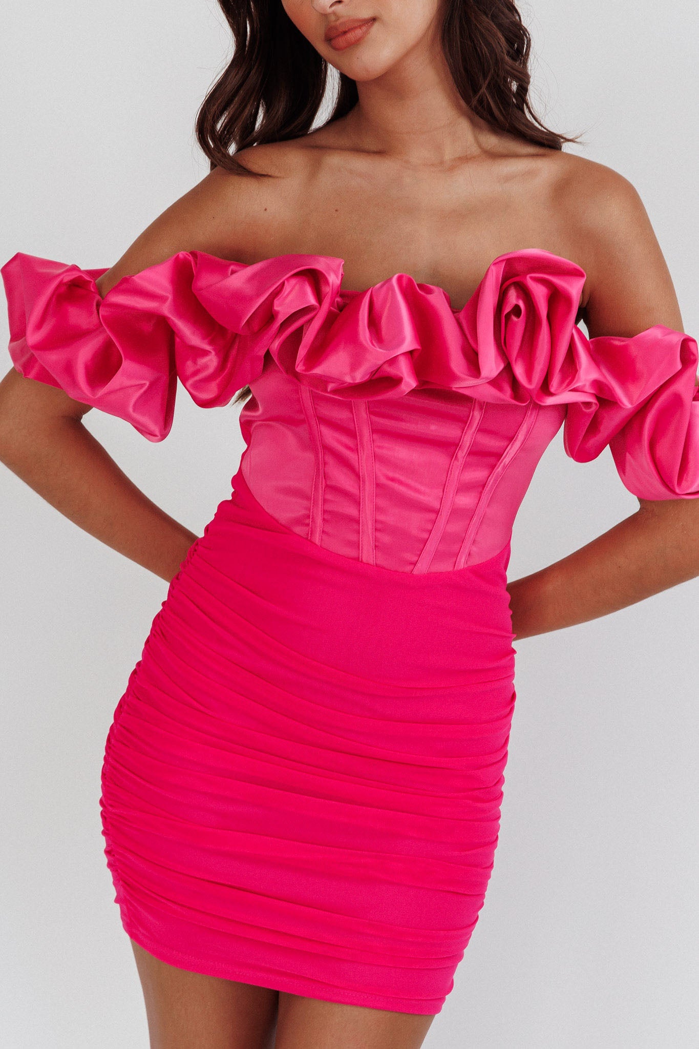 Arista Off-Shoulder Ruched Mini Dress Hot Pink by Selfie Leslie Australia