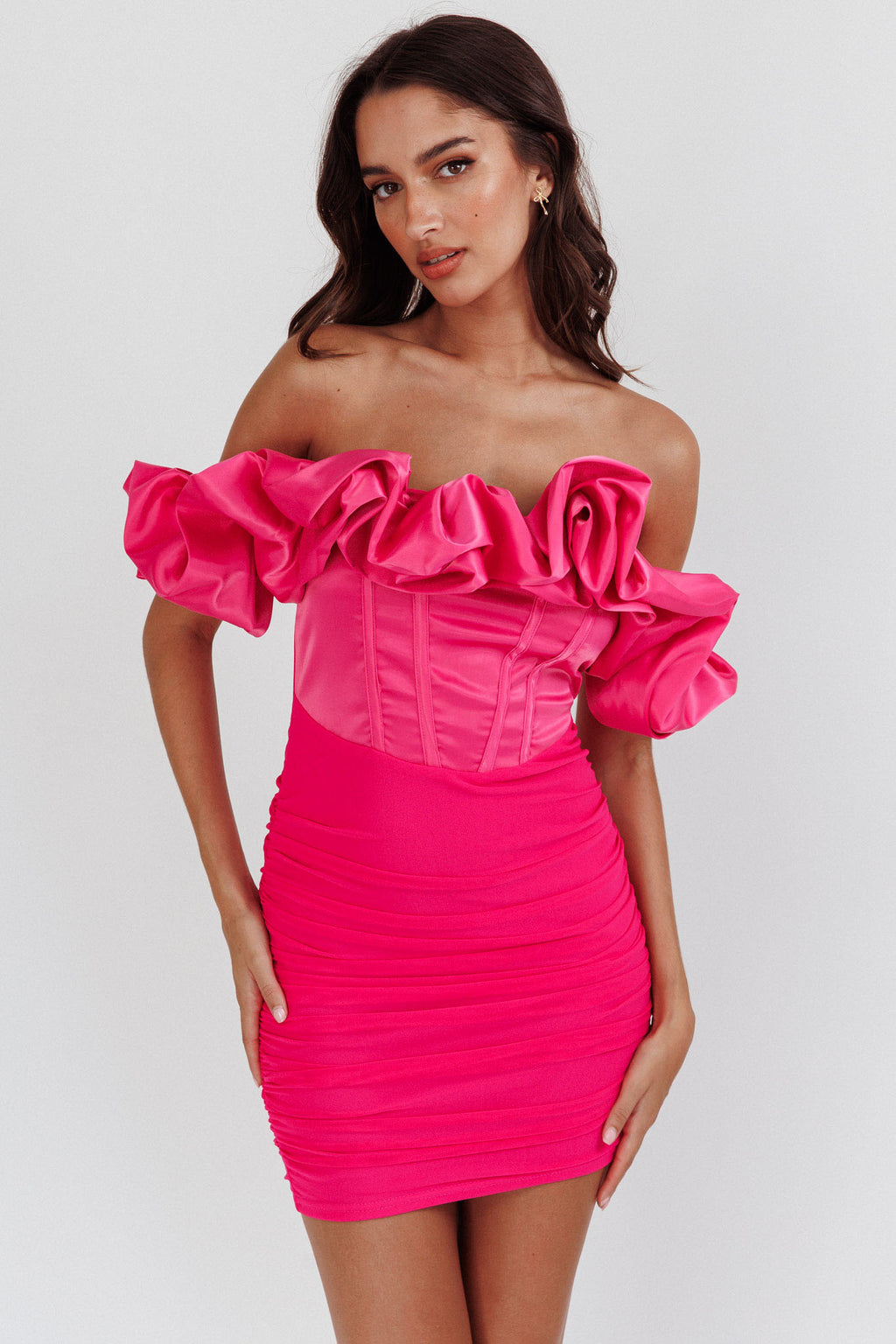Arista Off-Shoulder Ruched Mini Dress Hot Pink by Selfie Leslie Australia