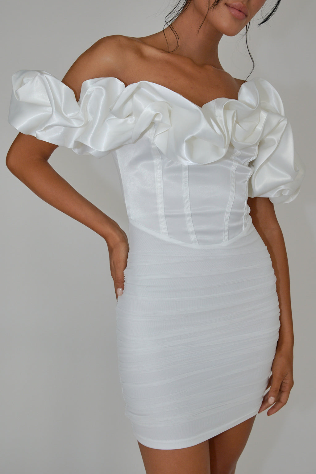 Arista Off-Shoulder Ruched Mini Dress Off White by Selfie Leslie Australia