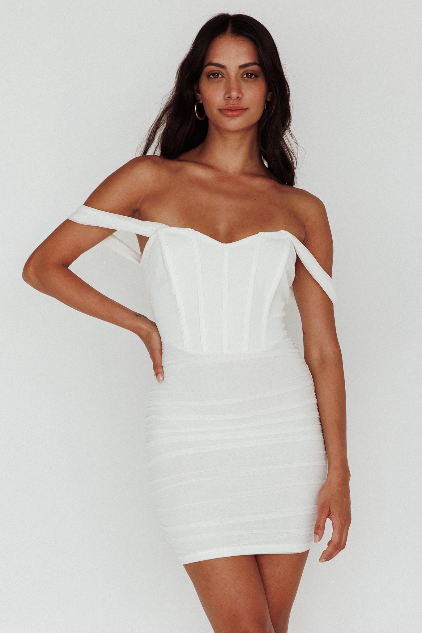 Santana Off-Shoulder Corset Mini Dress Ivory by Selfie Leslie Australia