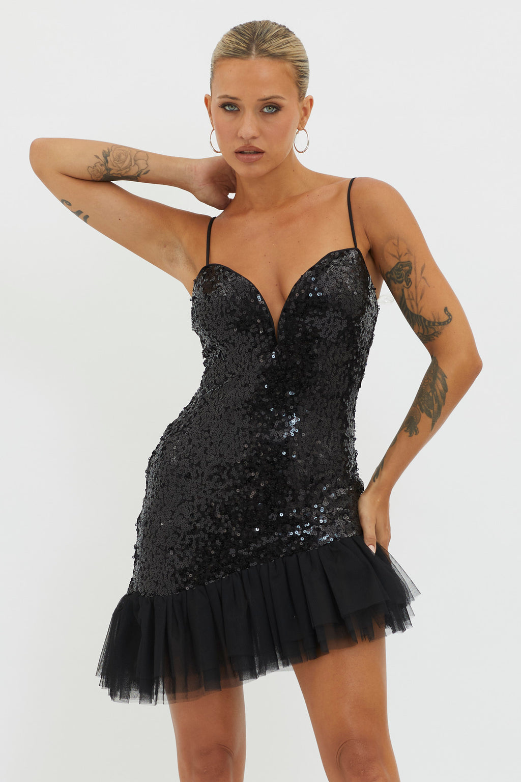 Sassafras Tulle Hem Sequin Mini Dress Black by Selfie Leslie Australia