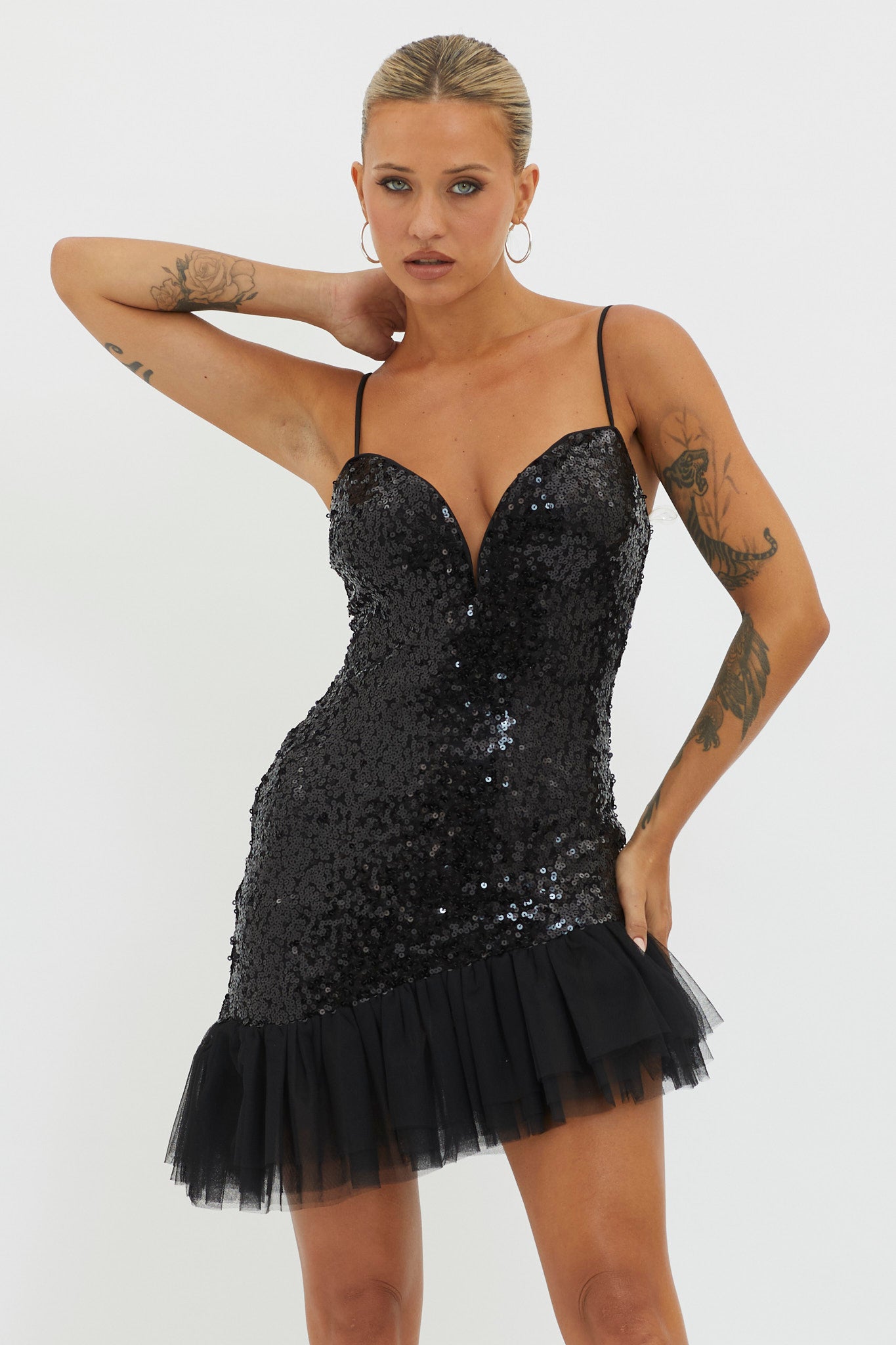 Sassafras Tulle Hem Sequin Mini Dress Black by Selfie Leslie Australia