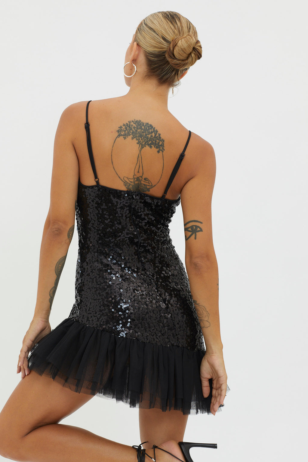 Sassafras Tulle Hem Sequin Mini Dress Black by Selfie Leslie Australia