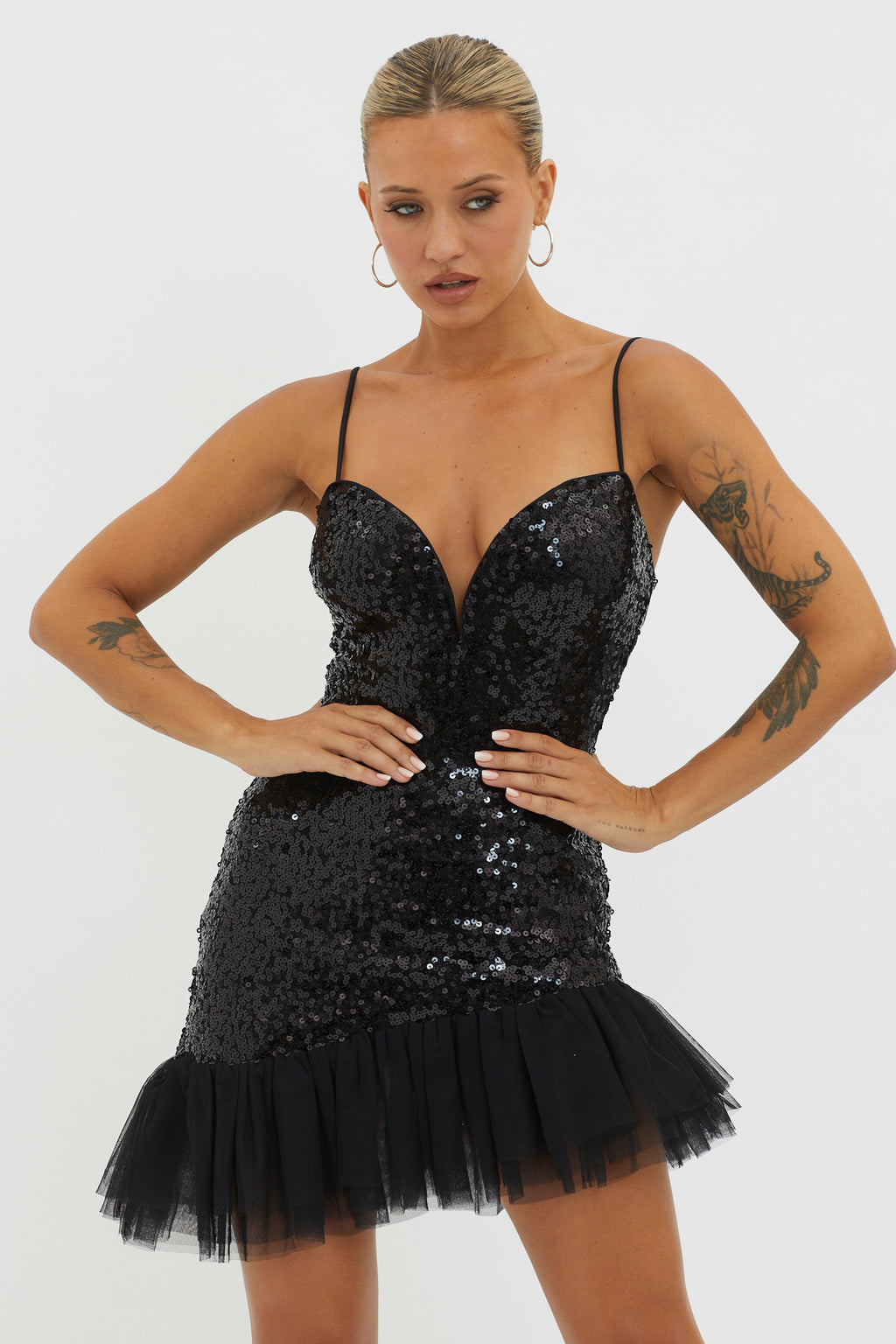 Sassafras Tulle Hem Sequin Mini Dress Black by Selfie Leslie Australia