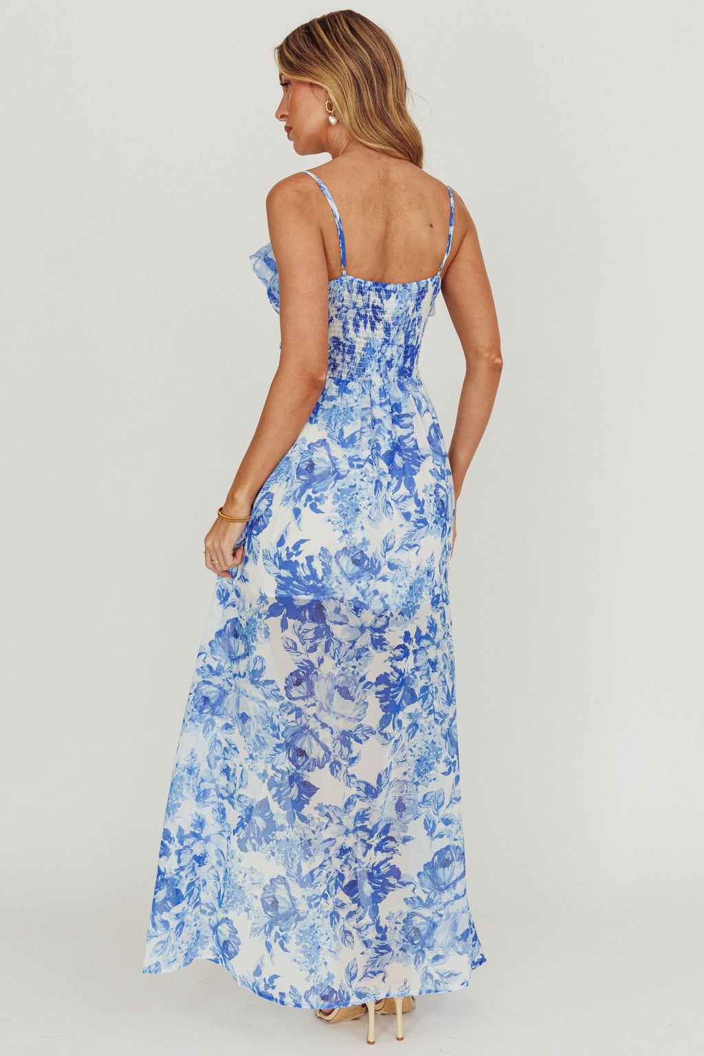 Reanne Chiffon Floral High-Low Hem Dress Blue by Selfie Leslie Australia