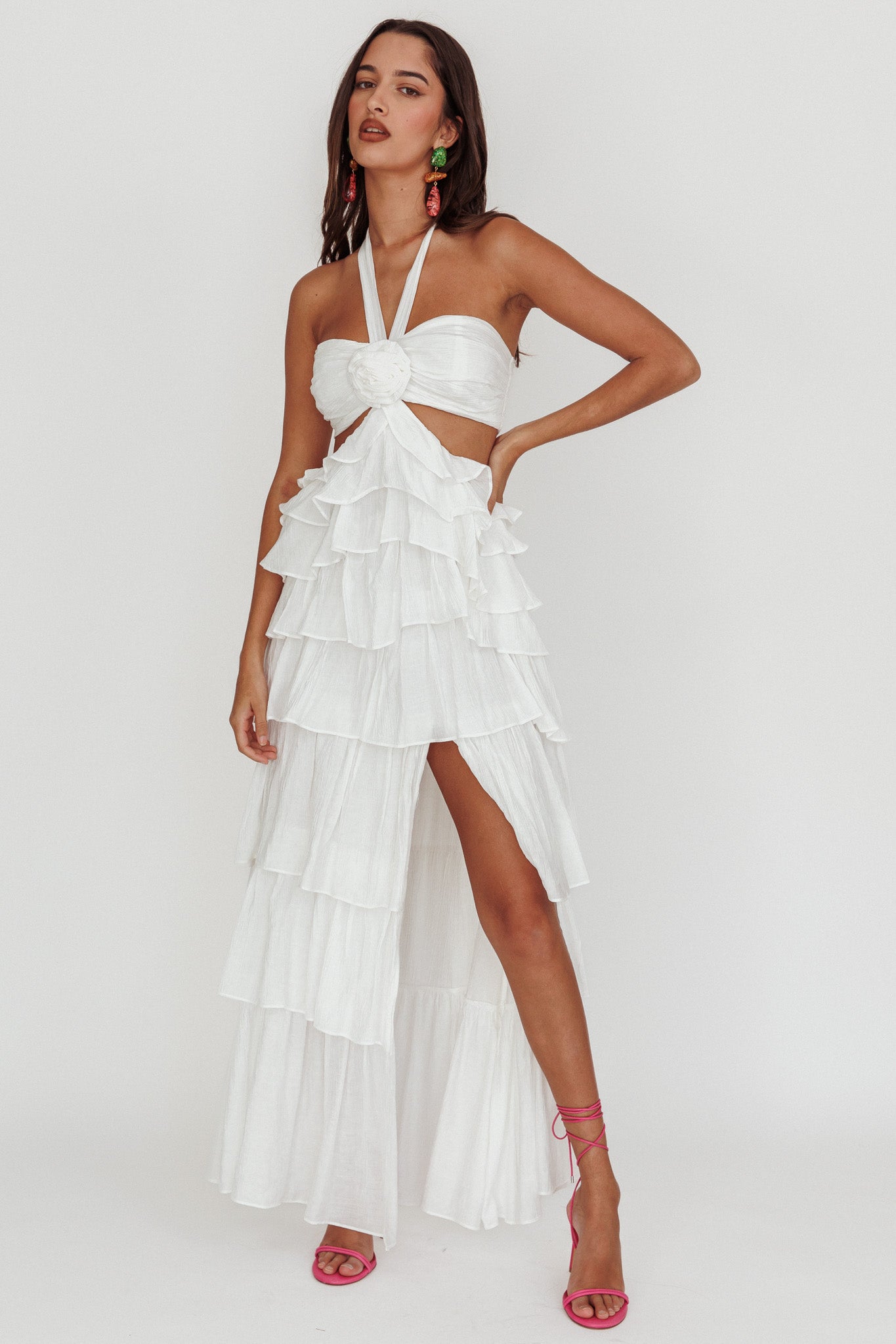 Morpheus Ruffle Halterneck Maxi Dress Off White by Selfie Leslie Australia