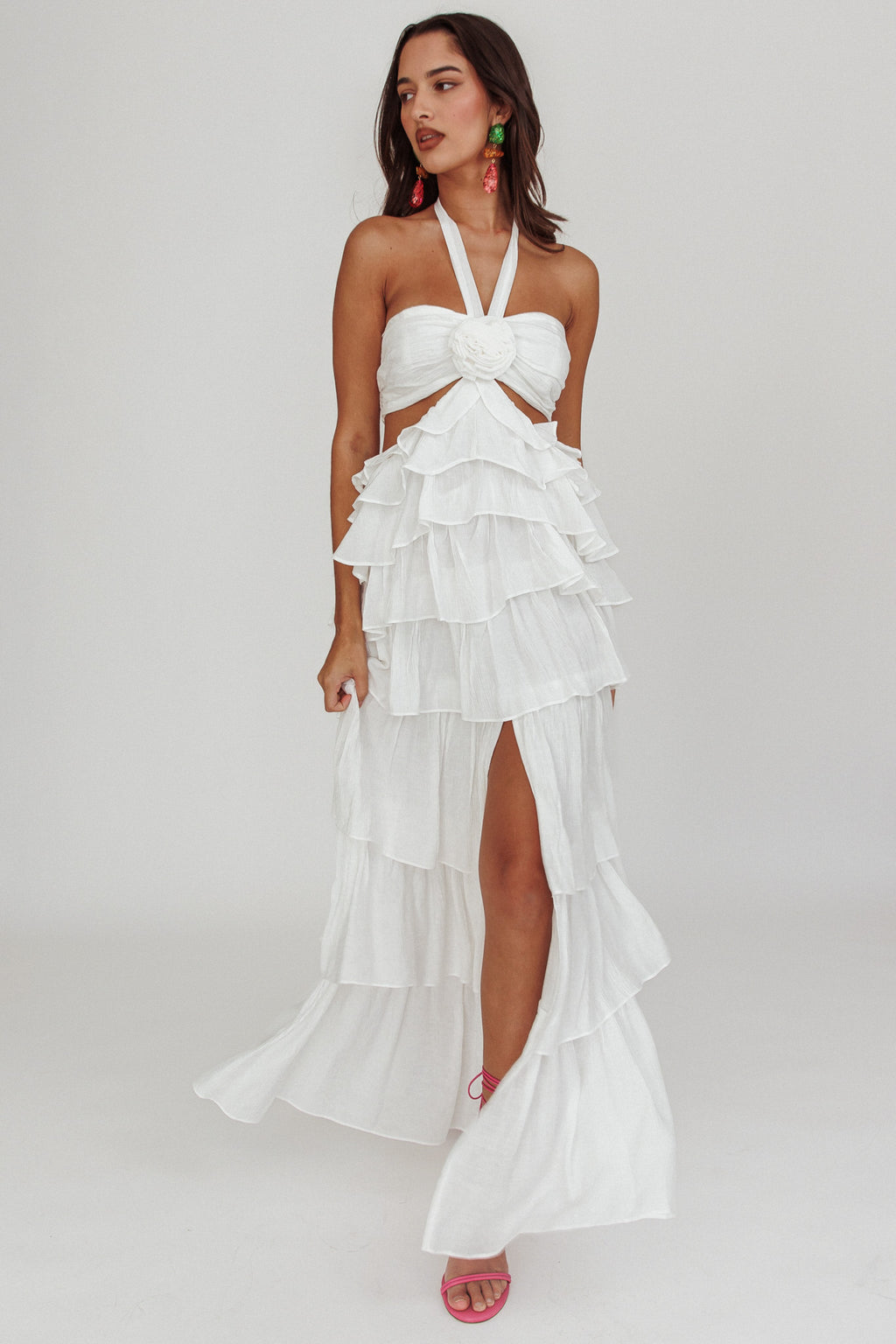 Morpheus Ruffle Halterneck Maxi Dress Off White by Selfie Leslie Australia