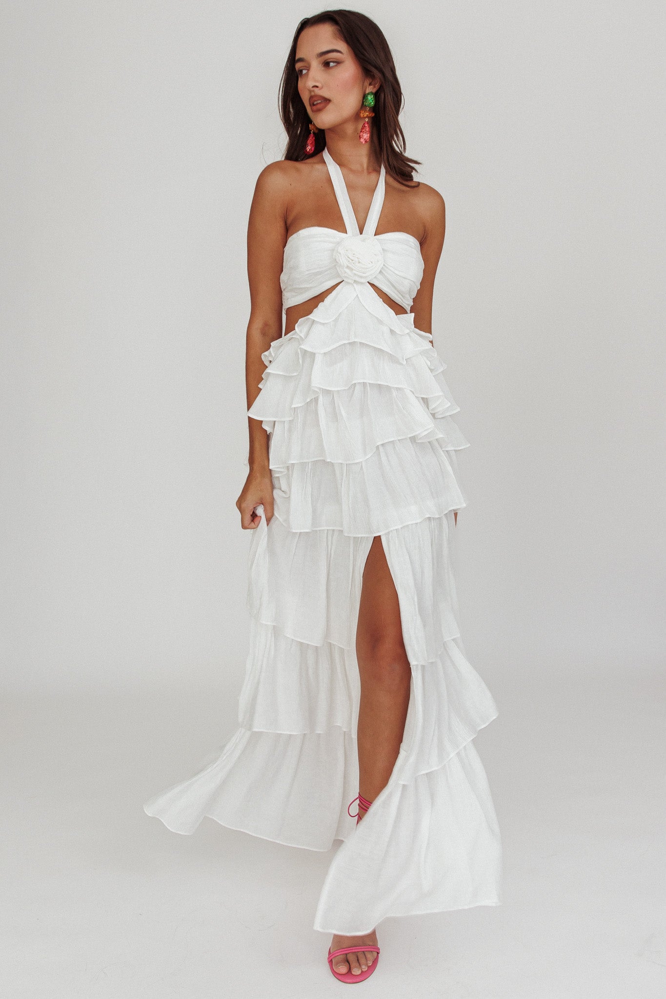 Morpheus Ruffle Halterneck Maxi Dress Off White by Selfie Leslie Australia