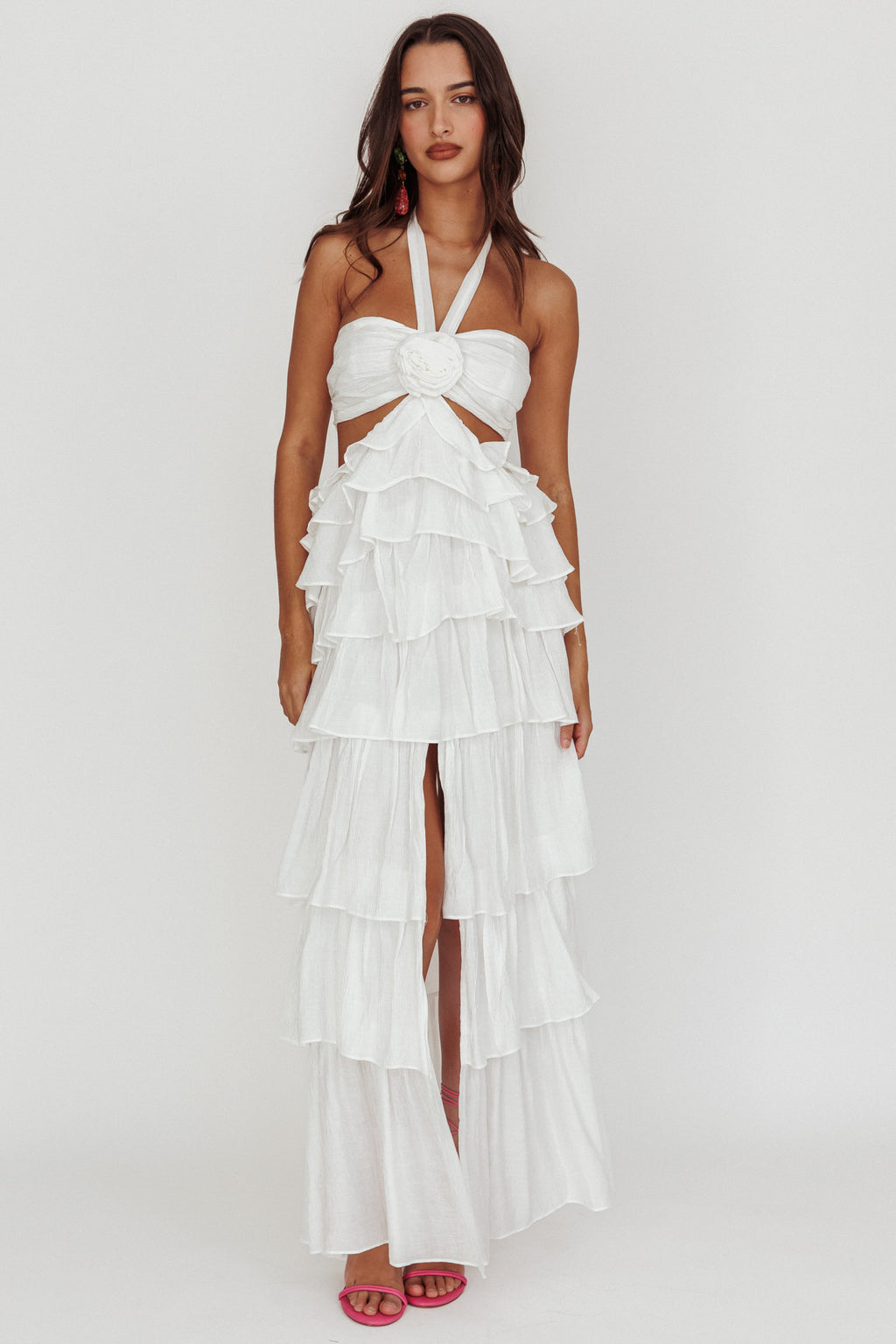 Morpheus Ruffle Halterneck Maxi Dress Off White by Selfie Leslie Australia