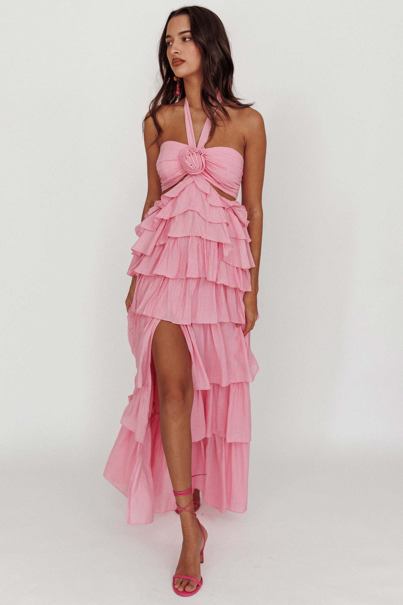 Morpheus Ruffle Halterneck Maxi Dress Pink by Selfie Leslie Australia
