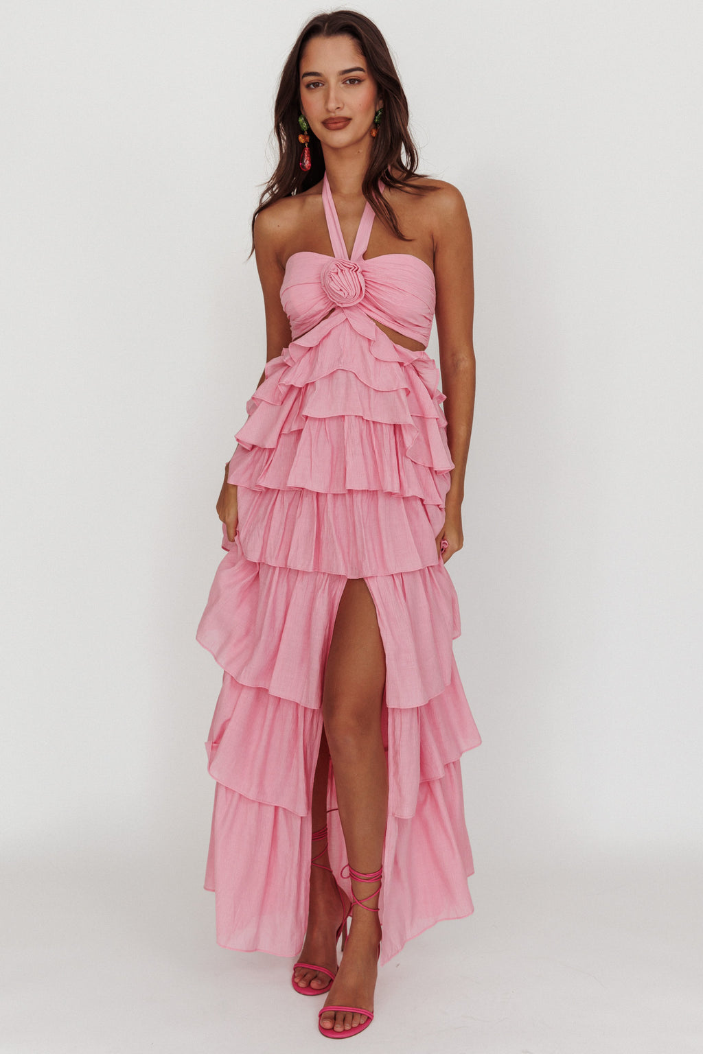 Morpheus Ruffle Halterneck Maxi Dress Pink by Selfie Leslie Australia