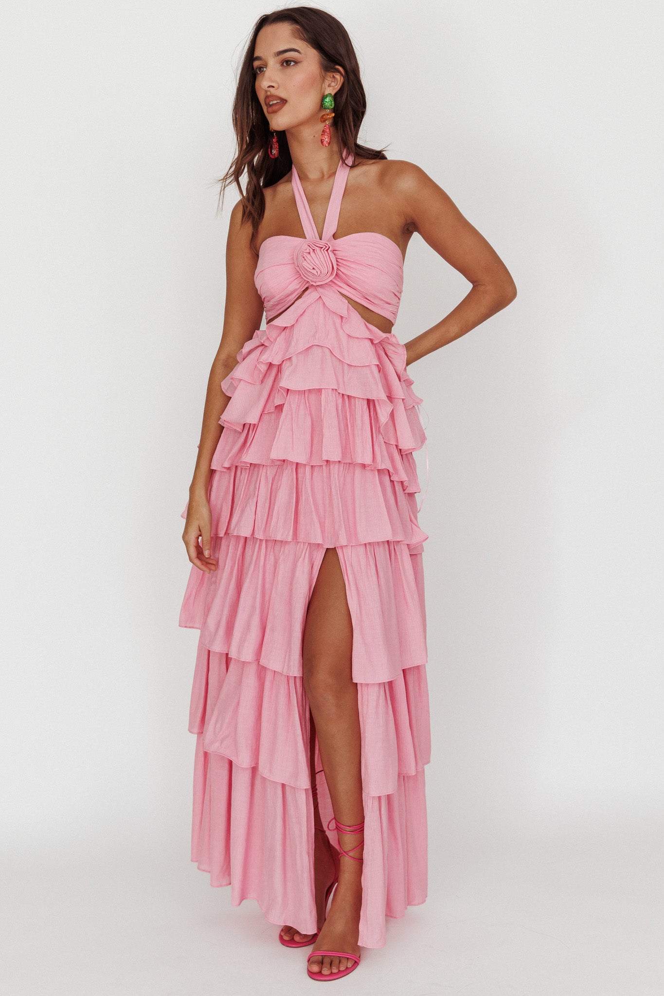 Morpheus Ruffle Halterneck Maxi Dress Pink by Selfie Leslie Australia
