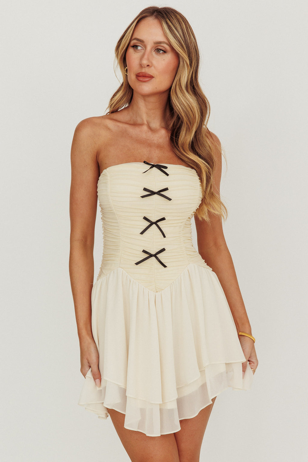 Cherry Lips Strapless Chiffon Mini Dress Cream by Selfie Leslie Australia