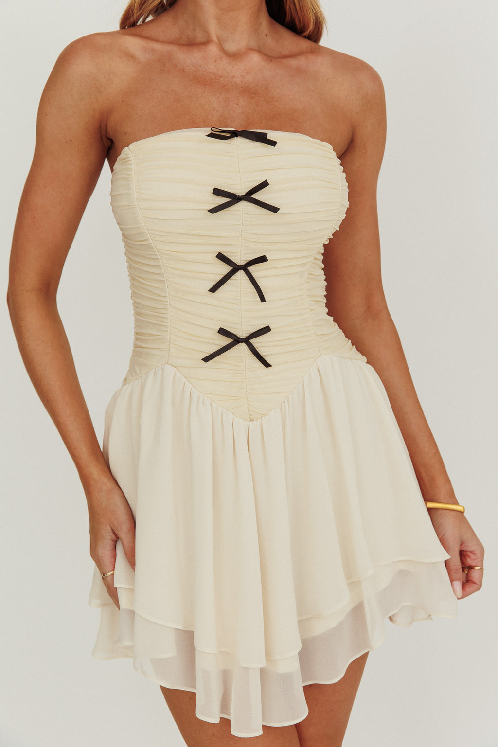 Cherry Lips Strapless Chiffon Mini Dress Cream by Selfie Leslie Australia