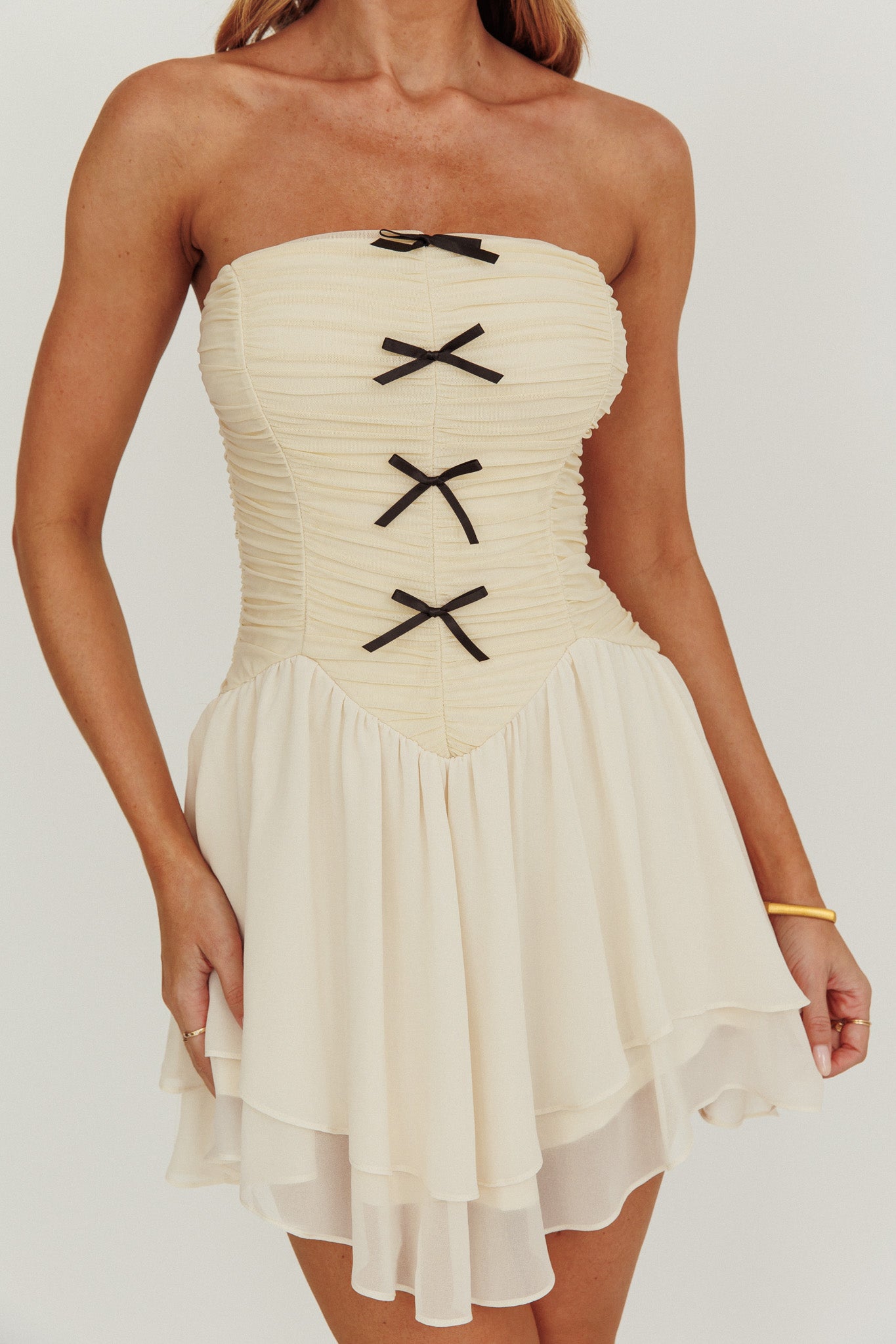 Cherry Lips Strapless Chiffon Mini Dress Cream by Selfie Leslie Australia