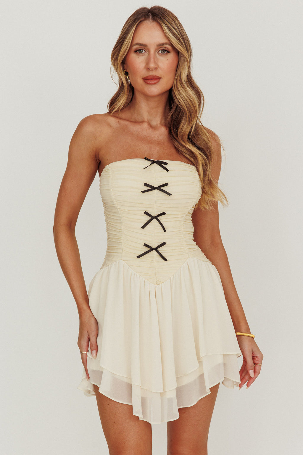 Cherry Lips Strapless Chiffon Mini Dress Cream by Selfie Leslie Australia
