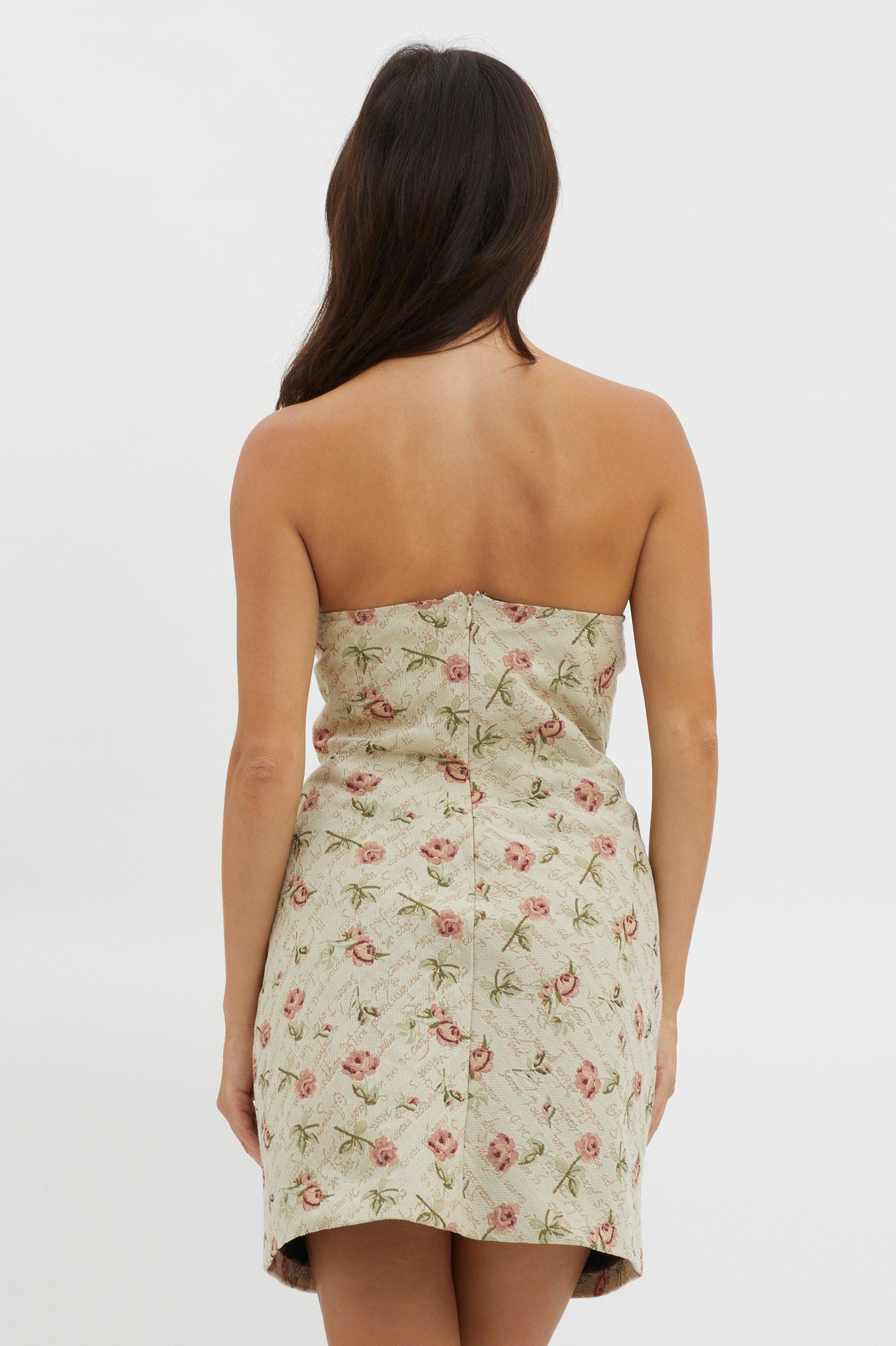 C'est Belle Strapless Lace Trim Mini Dress Beige Floral by Selfie Leslie Australia