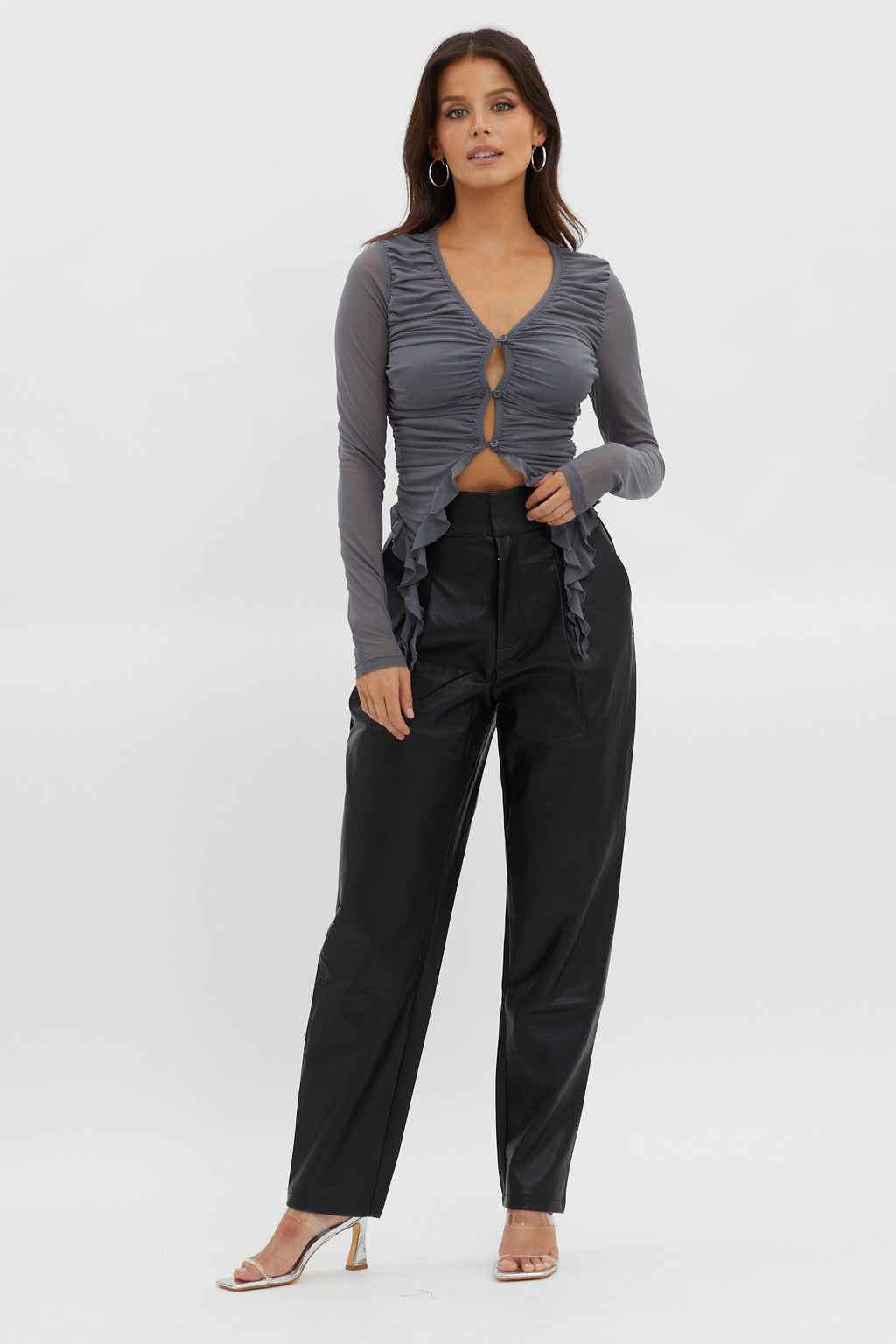 She's Unstoppable Ruffle Trim Mesh Top Pewter Grey by Selfie Leslie Australia