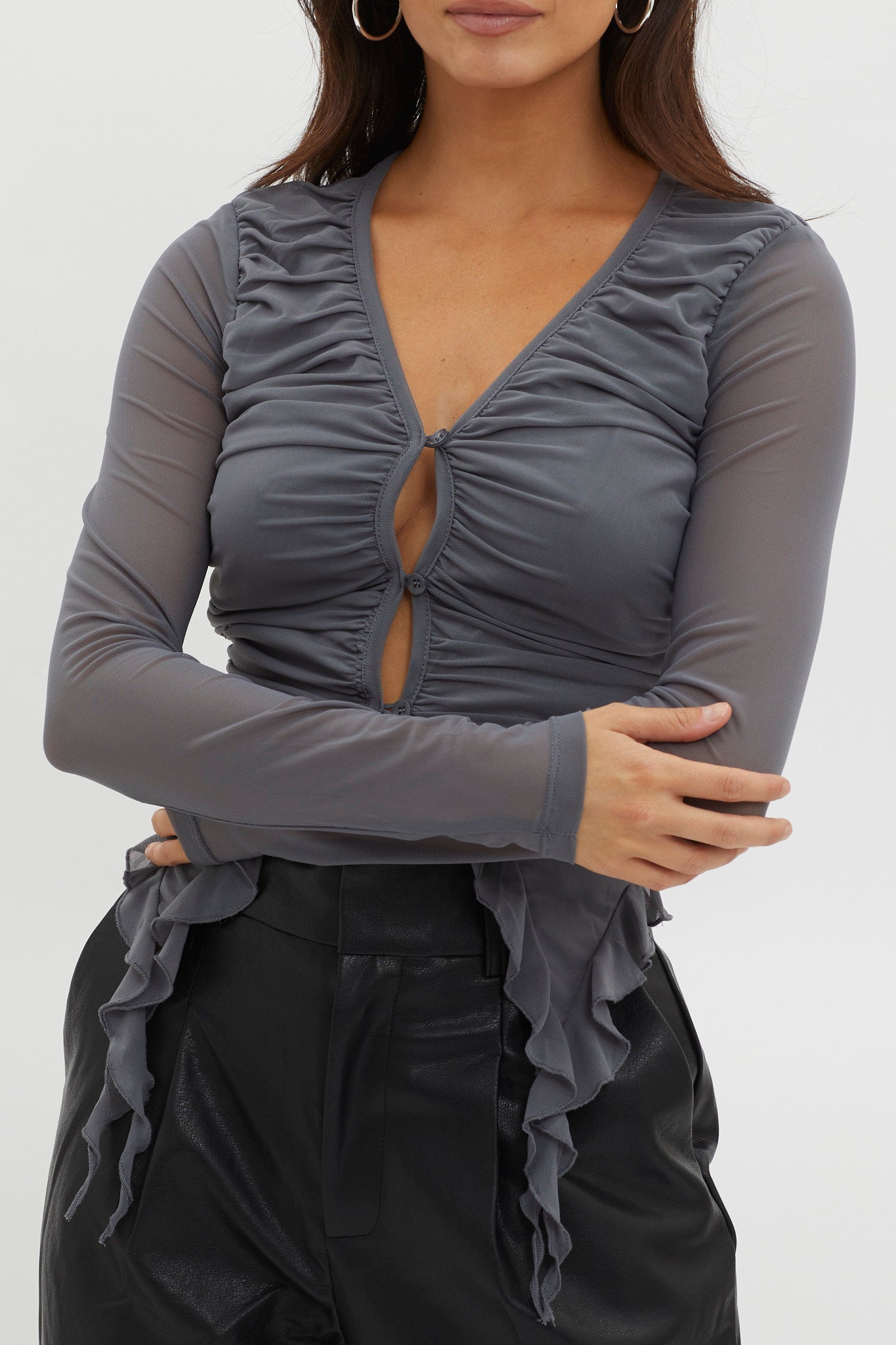 She's Unstoppable Ruffle Trim Mesh Top Pewter Grey by Selfie Leslie Australia