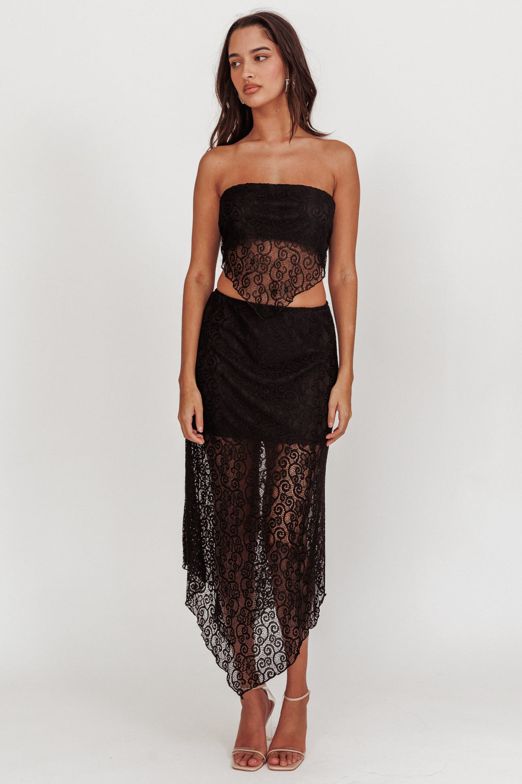 Sweet Words V-Hem Lace Midi Skirt Black by Selfie Leslie Australia