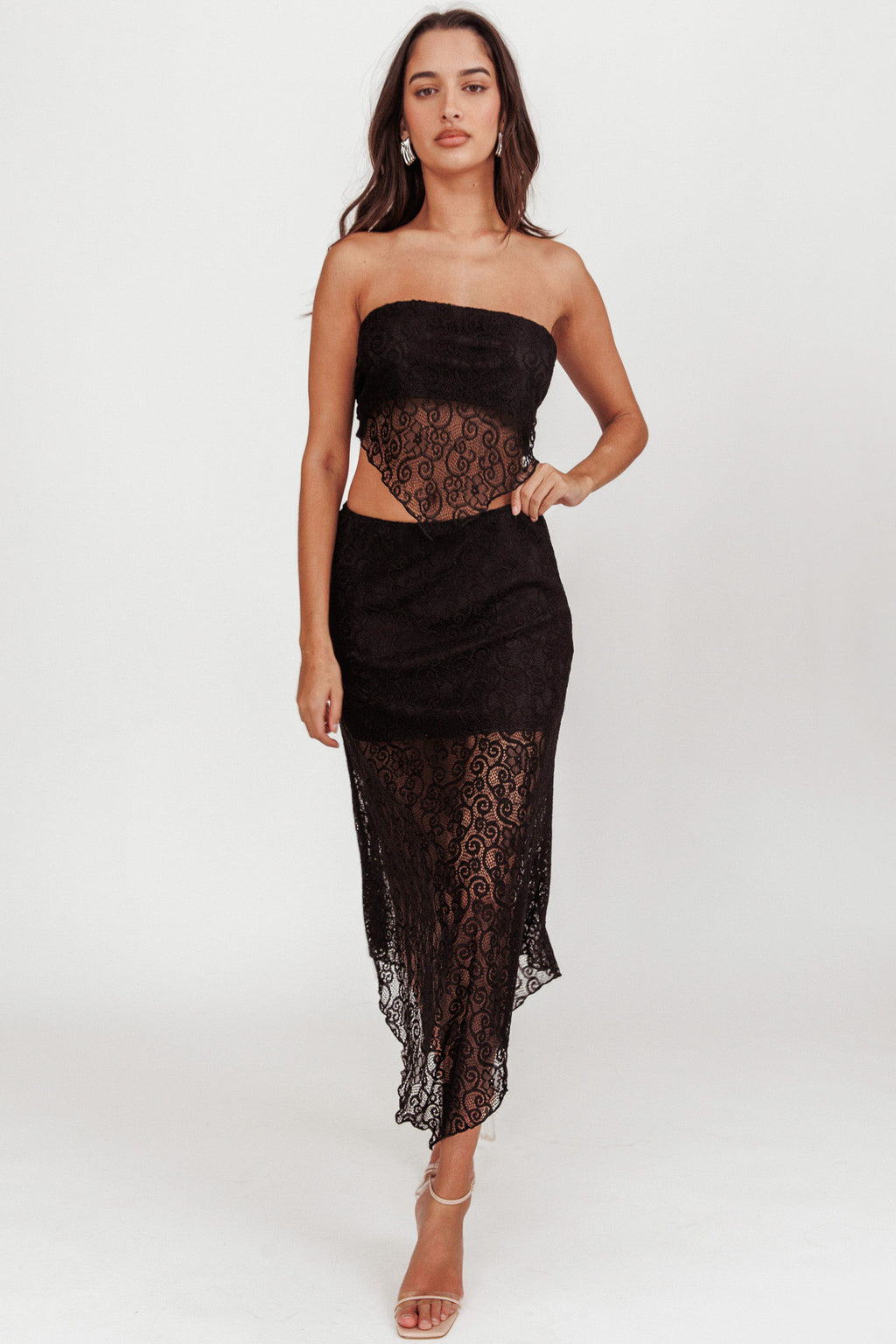 Sweet Words V-Hem Lace Midi Skirt Black by Selfie Leslie Australia