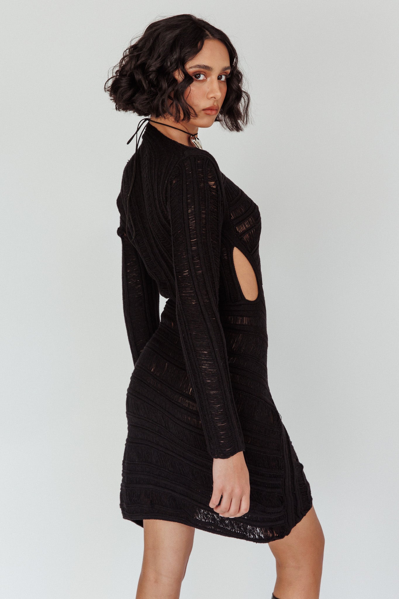 Leyanne Crochet Long Sleeve Cut-Out Mini Dress Black by Selfie Leslie Australia