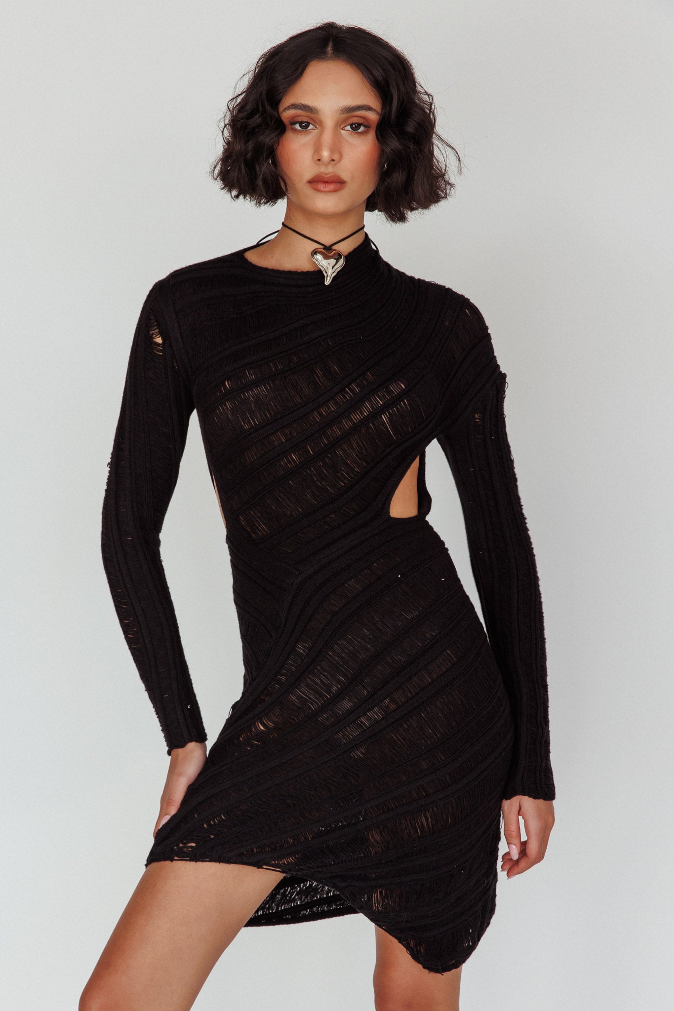 Leyanne Crochet Long Sleeve Cut-Out Mini Dress Black by Selfie Leslie Australia