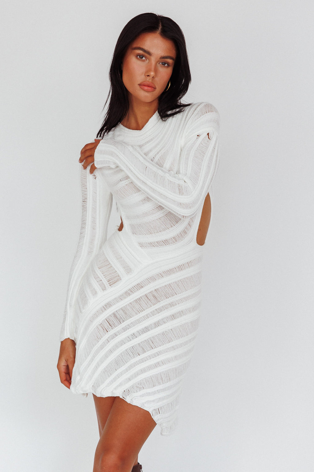 Leyanne Crochet Long Sleeve Cut-Out Mini Dress Ivory by Selfie Leslie Australia