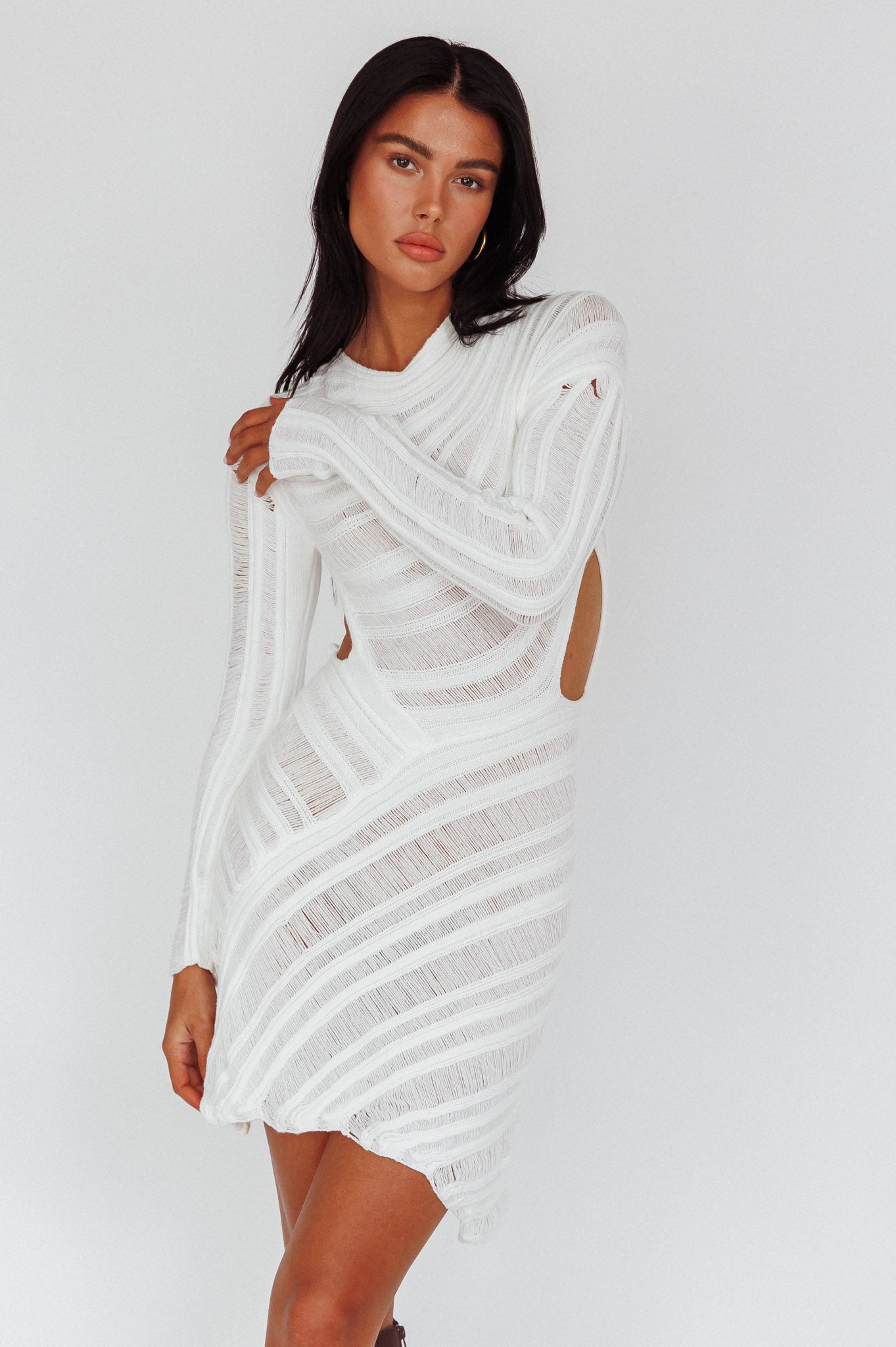 Leyanne Crochet Long Sleeve Cut-Out Mini Dress Ivory by Selfie Leslie Australia