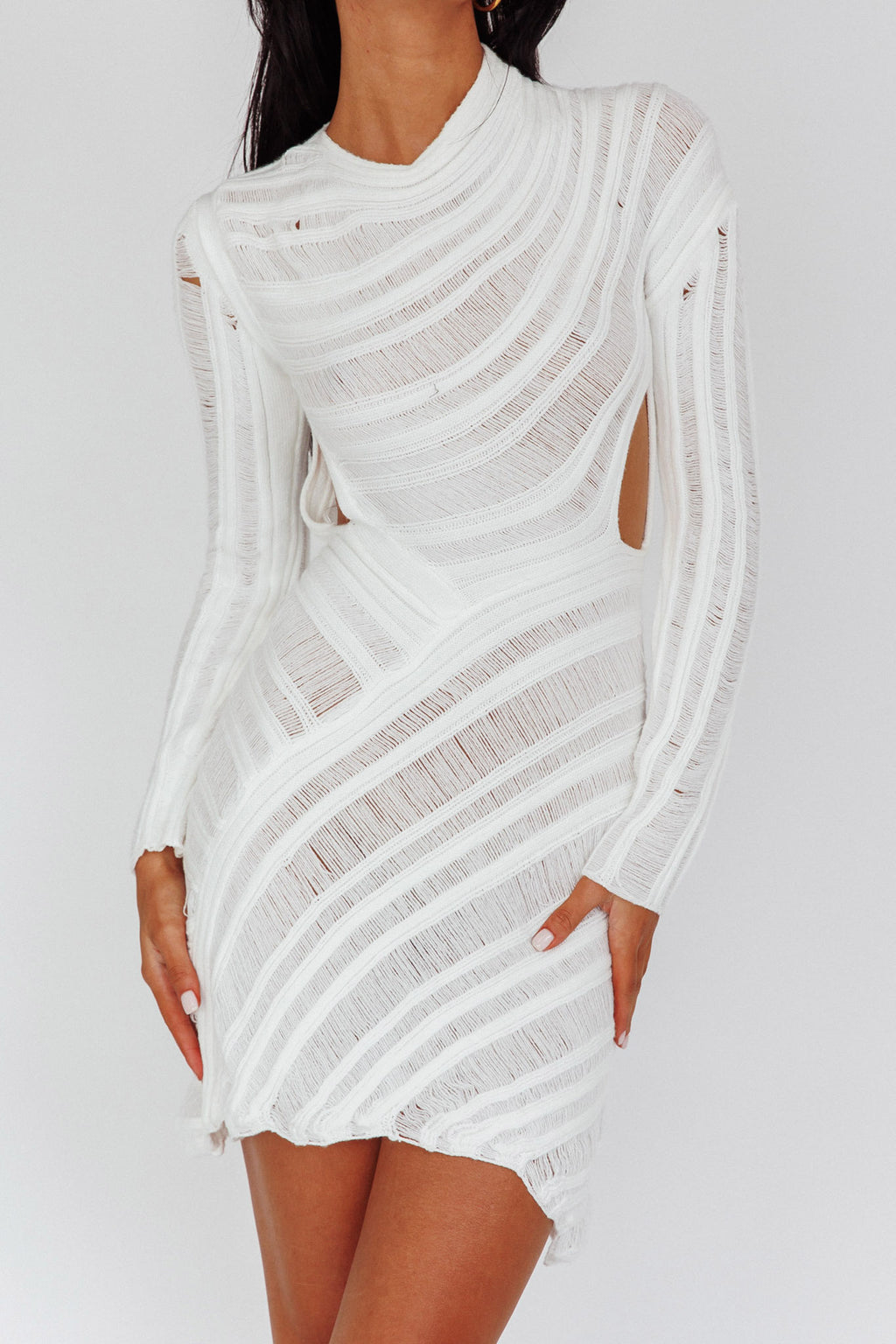 Leyanne Crochet Long Sleeve Cut-Out Mini Dress Ivory by Selfie Leslie Australia