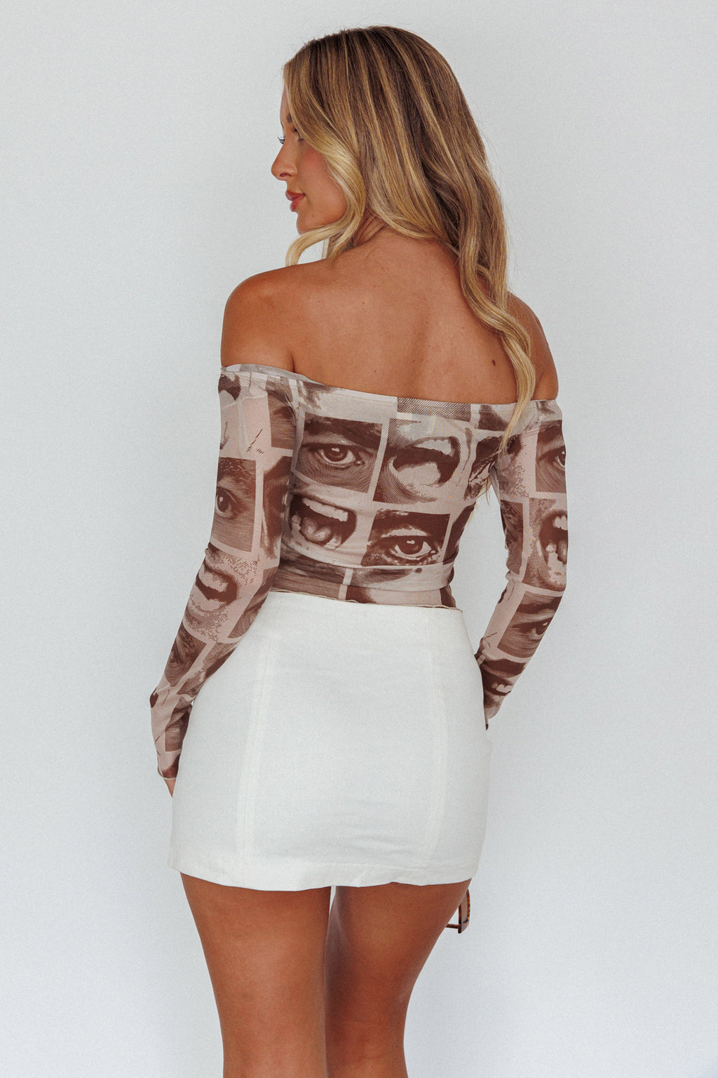 Ramona Long Sleeve Off-Shoulder Top Print Brown by Selfie Leslie Australia