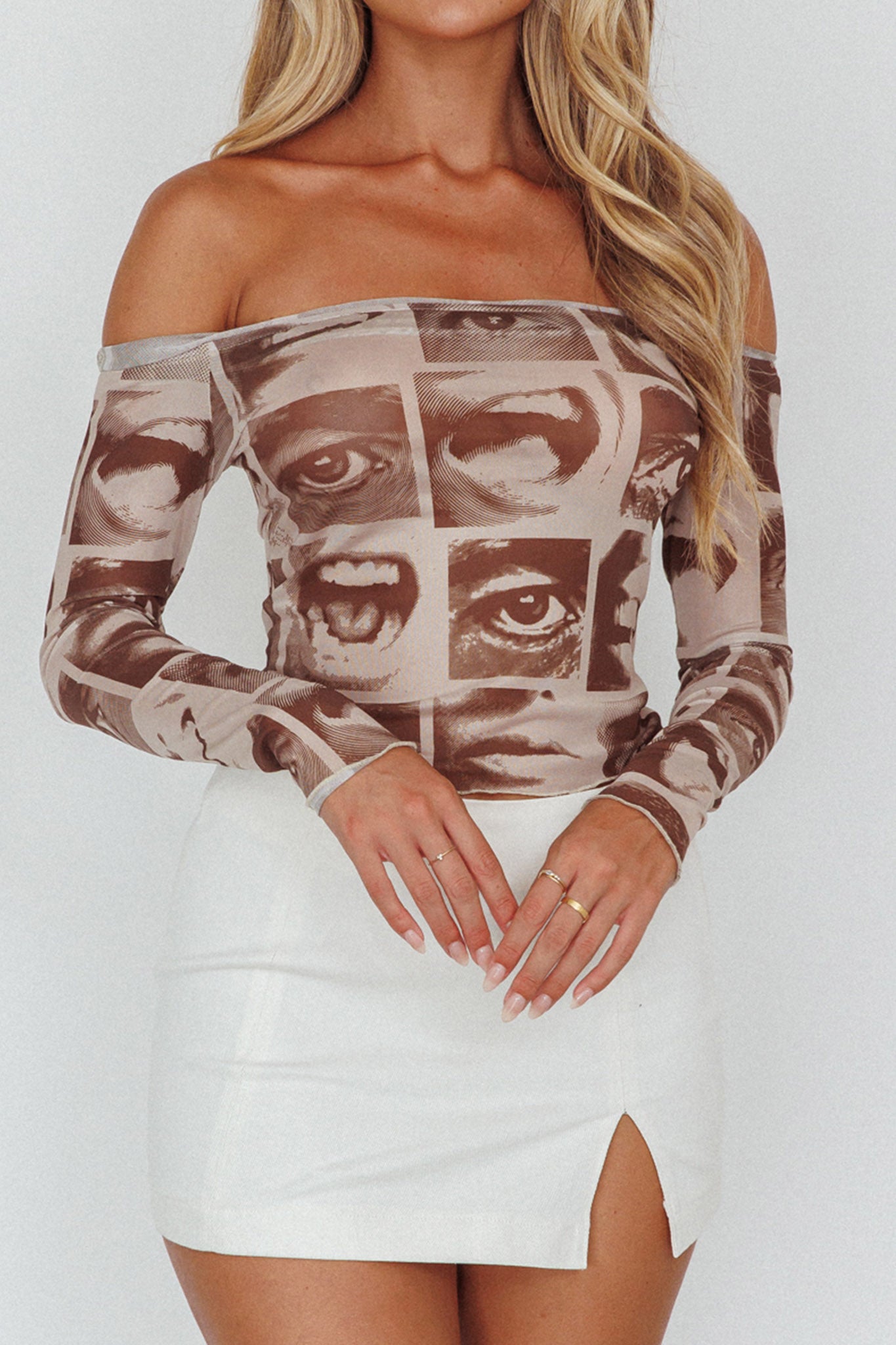 Ramona Long Sleeve Off-Shoulder Top Print Brown by Selfie Leslie Australia