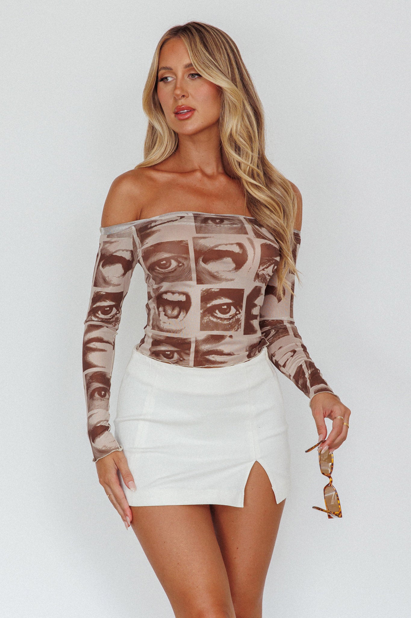 Ramona Long Sleeve Off-Shoulder Top Print Brown by Selfie Leslie Australia