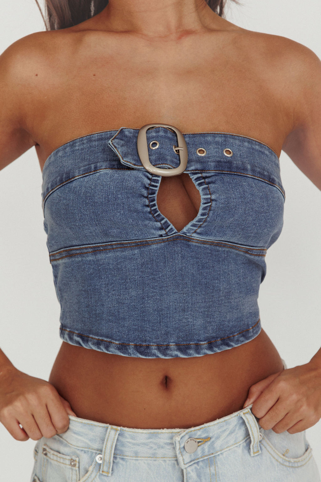Olympus Strapless Denim Cropped Top Medium Blue by Selfie Leslie Australia