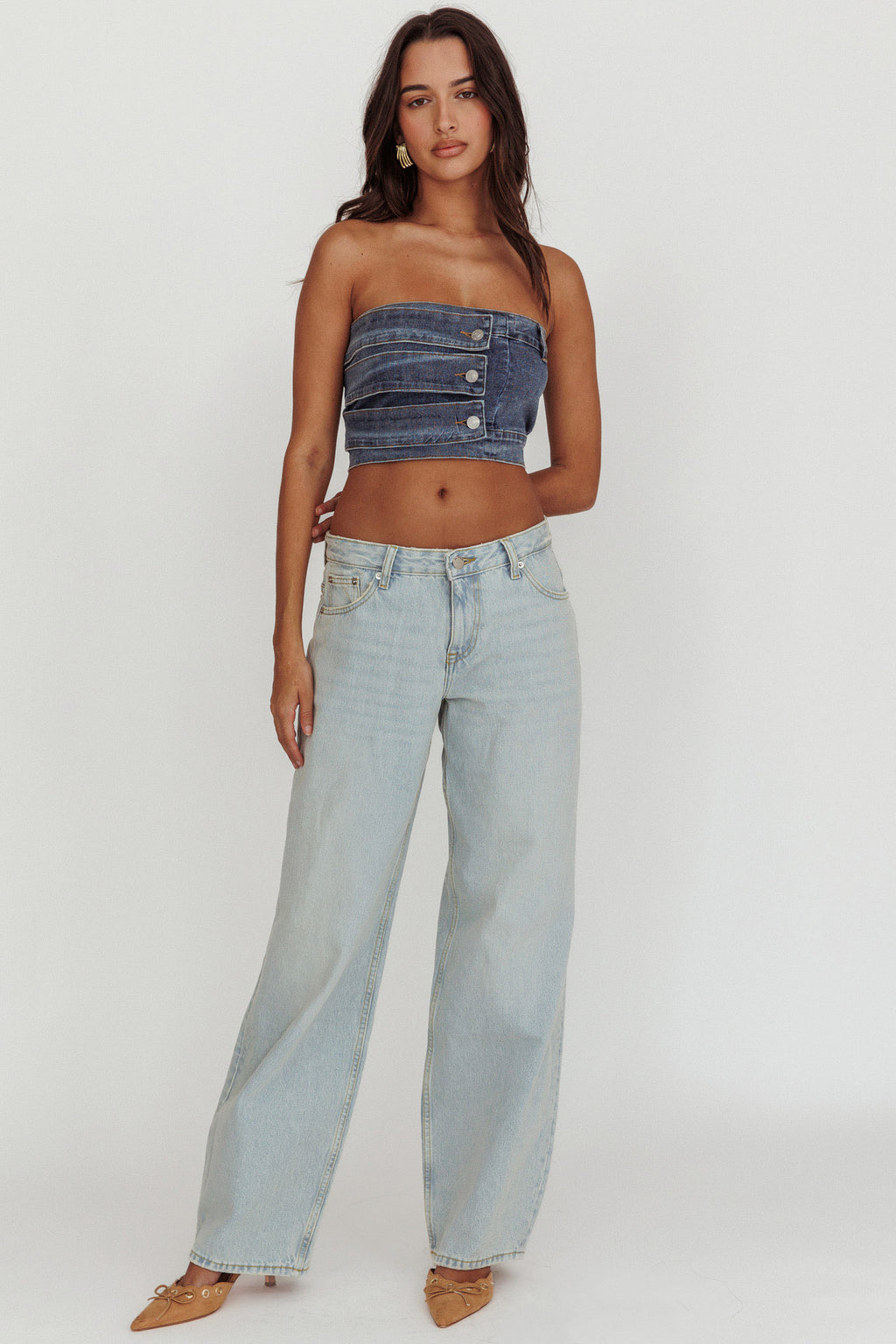 Pop Fizz Strapless Denim Cropped Top Medium Blue by Selfie Leslie Australia