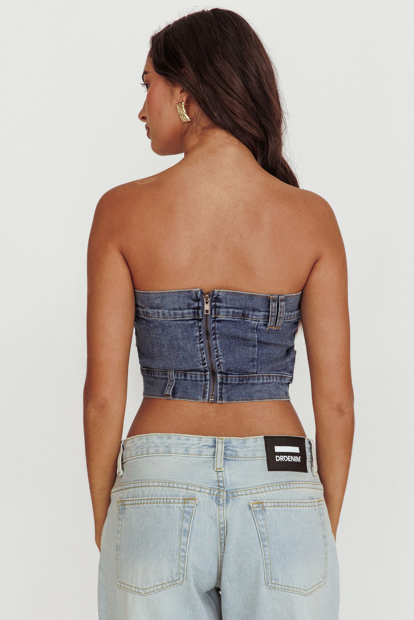 Pop Fizz Strapless Denim Cropped Top Medium Blue by Selfie Leslie Australia