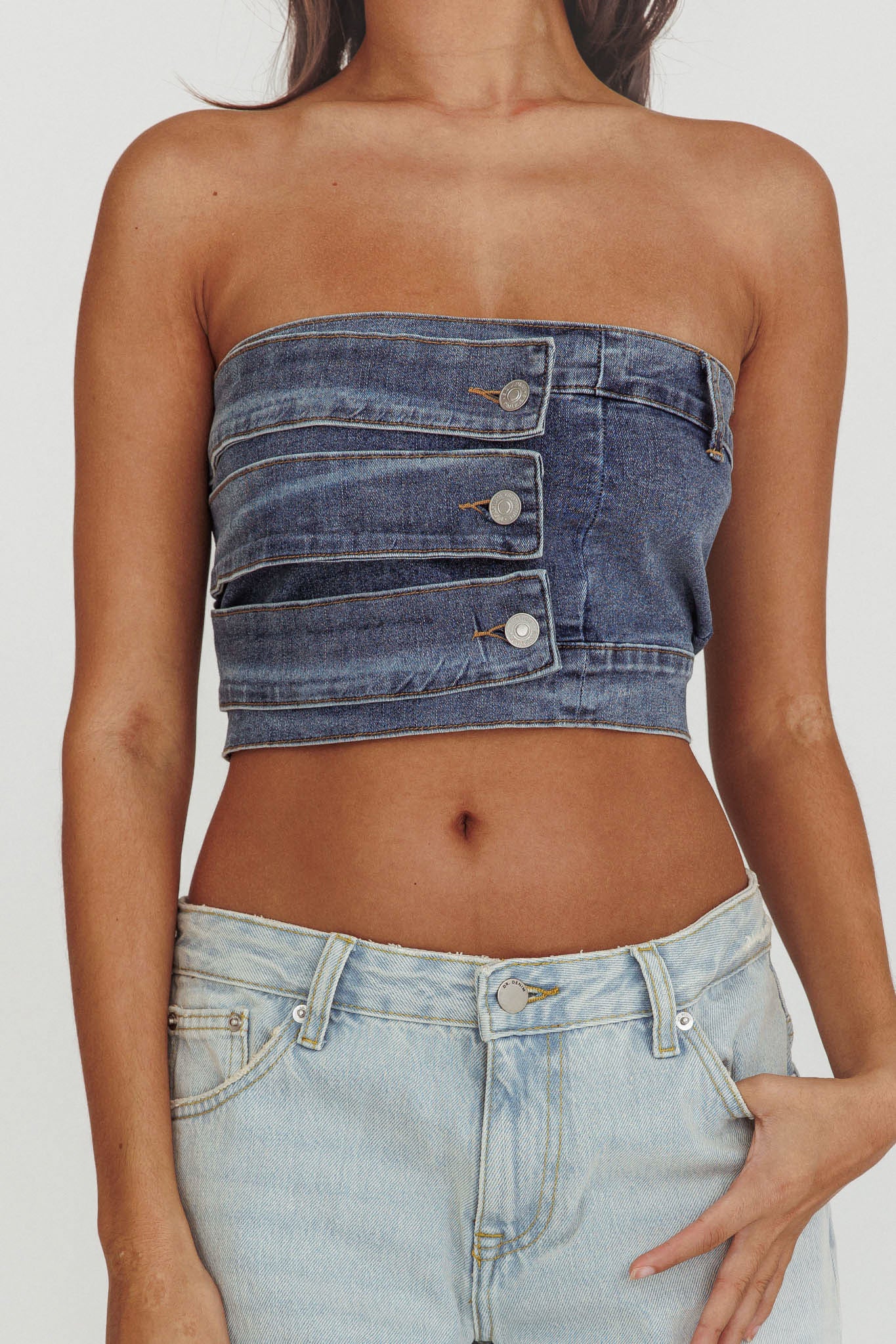 Pop Fizz Strapless Denim Cropped Top Medium Blue by Selfie Leslie Australia