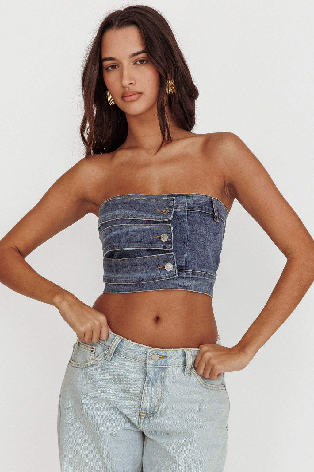 Pop Fizz Strapless Denim Cropped Top Medium Blue by Selfie Leslie Australia