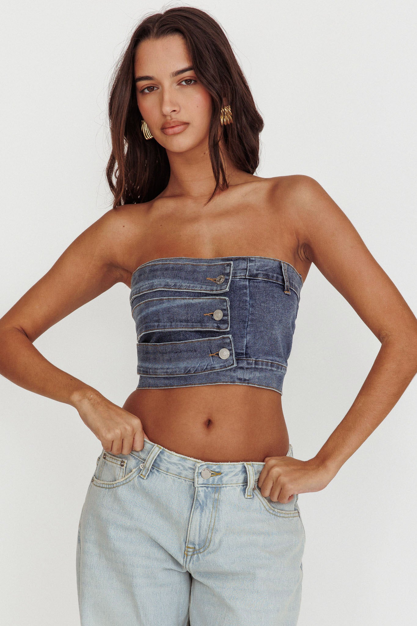 Pop Fizz Strapless Denim Cropped Top Medium Blue by Selfie Leslie Australia