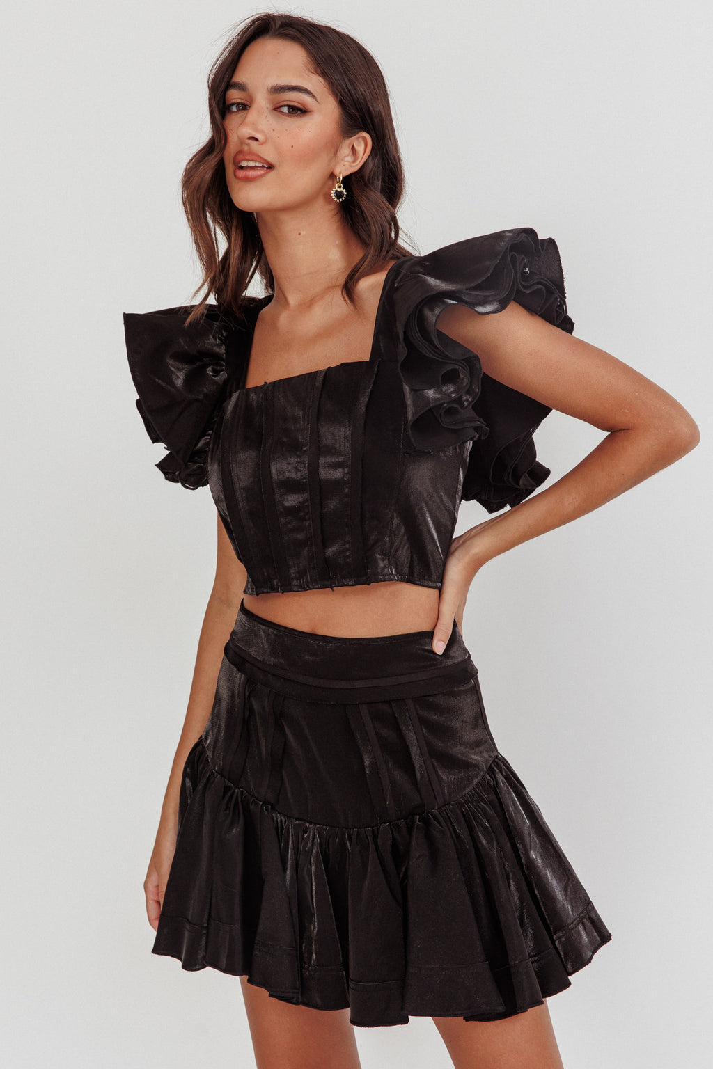 Debutante Ruffle Sleeve Crop Top Black by Selfie Leslie Australia