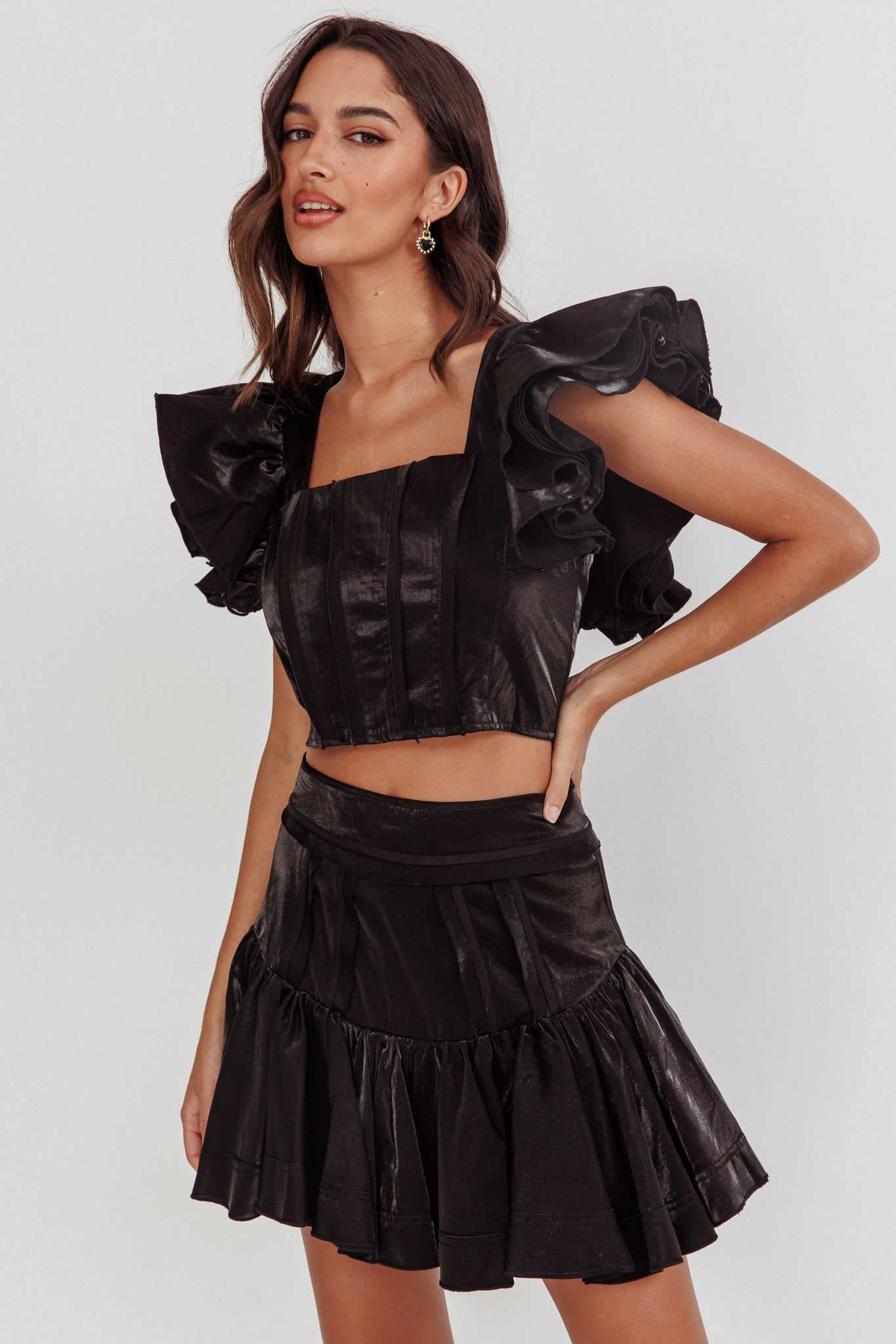 Debutante Ruffle Sleeve Crop Top Black by Selfie Leslie Australia